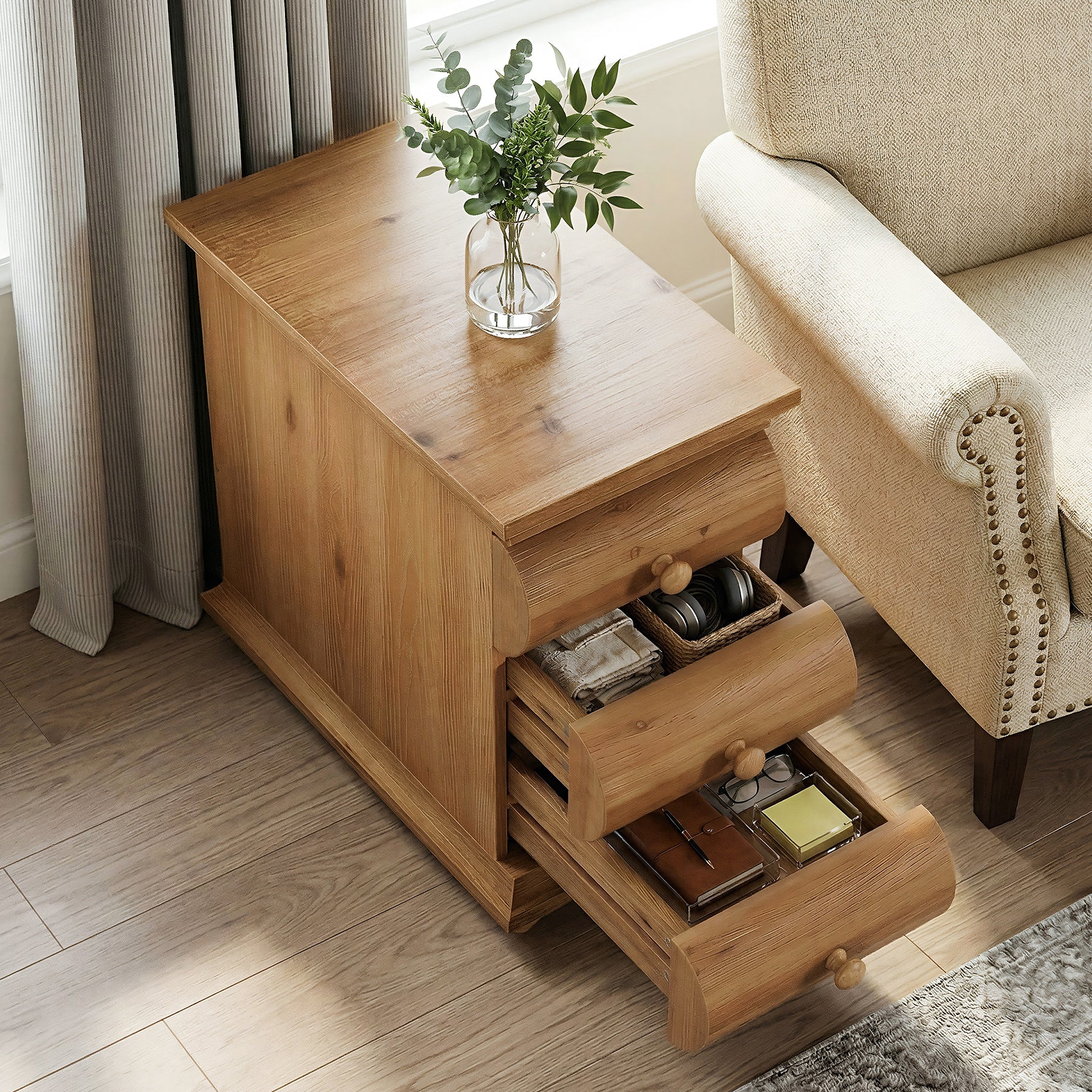 Solid Wood End Table with 3 Drawers, Narrow Side Table with Storage