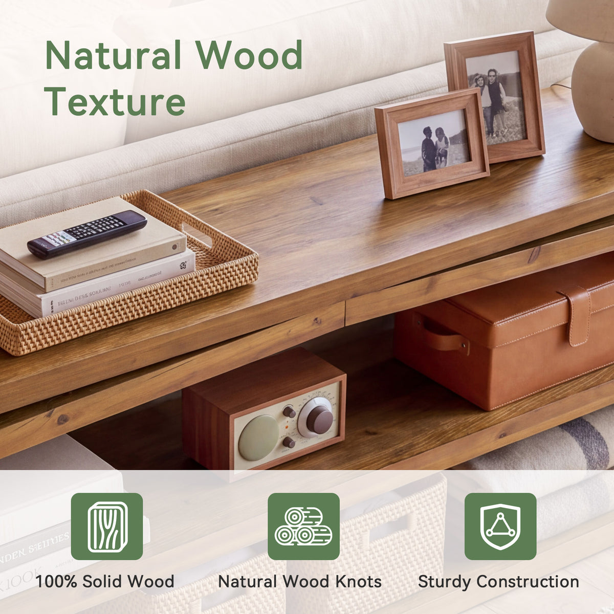 63" Farmhouse Solid Wood Console Table, 3-Tier Entryway Sofa Table with Open Shelves