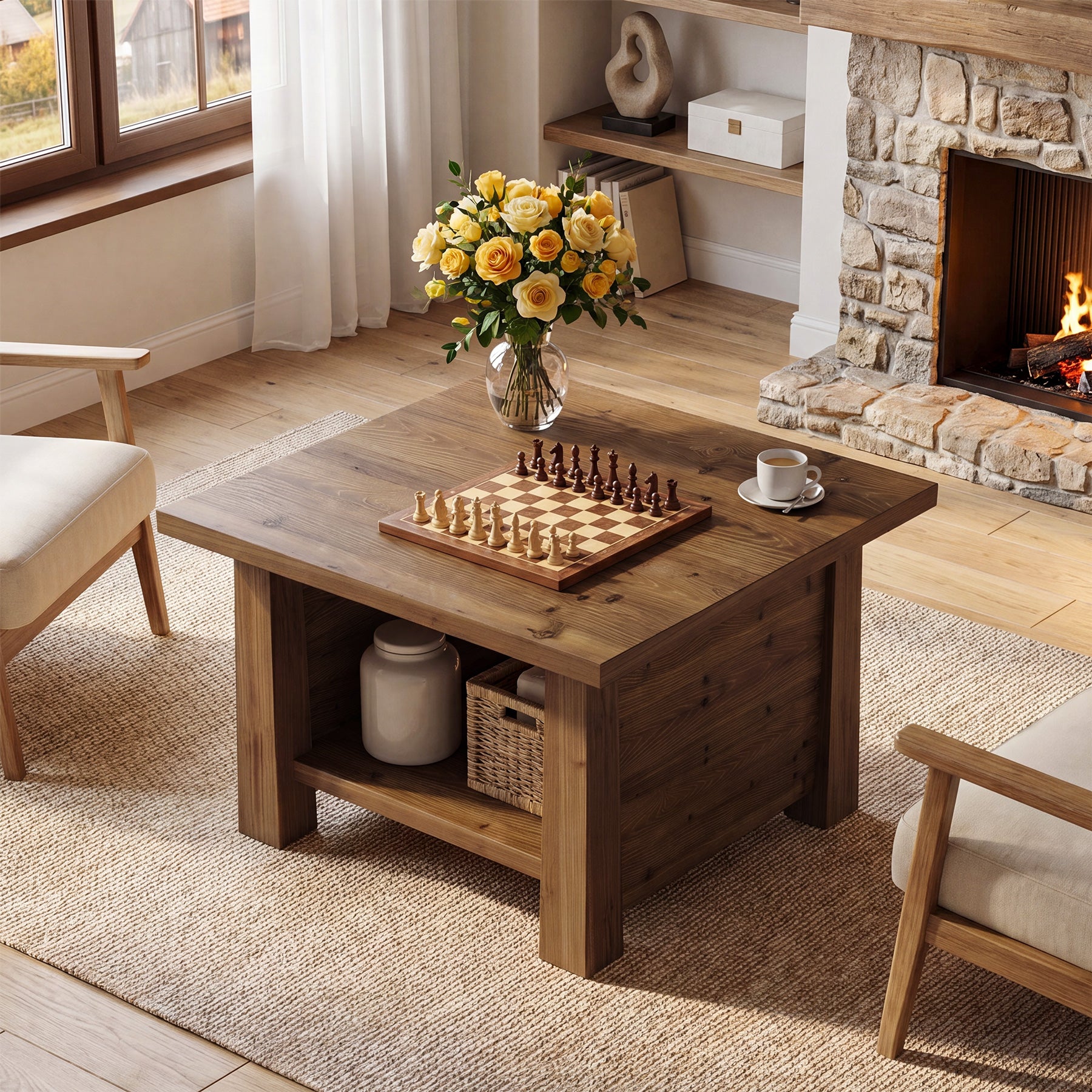 31.5" Solid Wood Coffee Table, Farmhouse 2-Tier Wooden Square Center Table