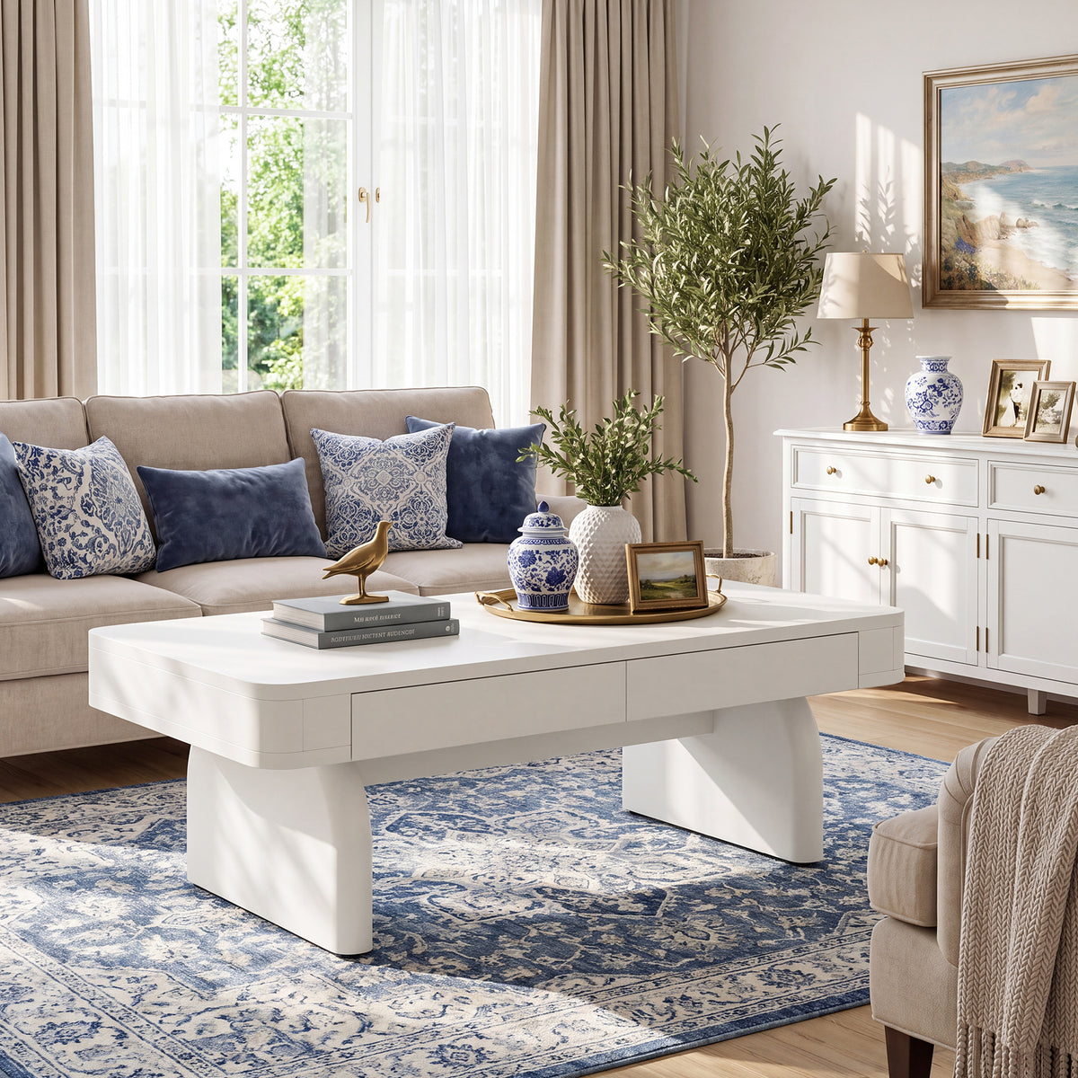 47.24 Inch White Coffee Table with 2 Drawers and Storage, Modern Rectangular Center Table for Living Room