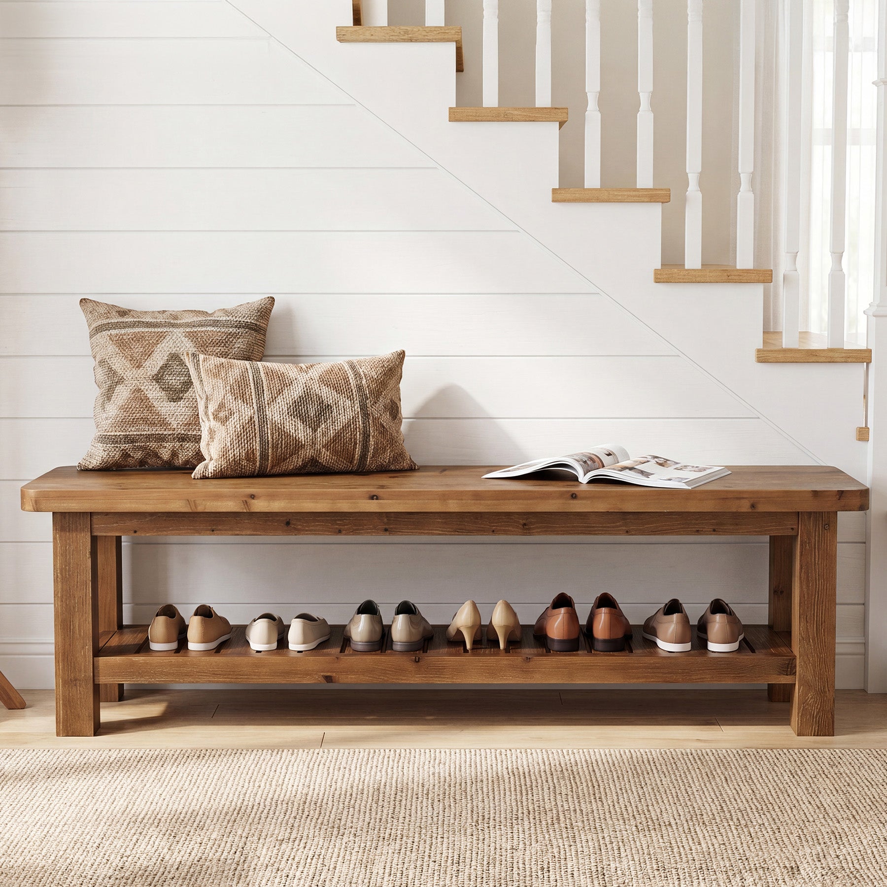 63" Solid Wood Entryway Bench with Storage, 2-Tier Farmhouse Shoe Bench for Hallway