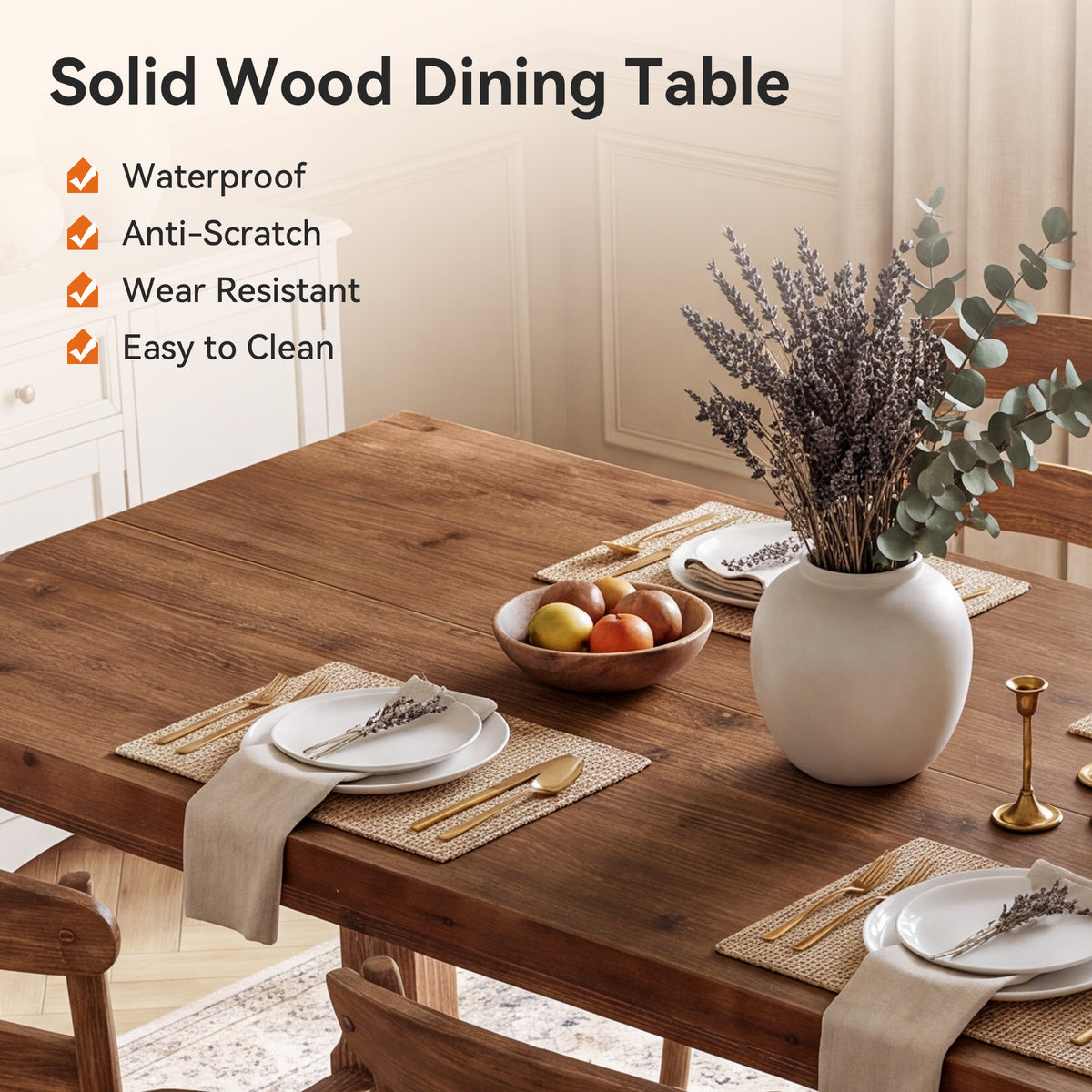 63" Farmhouse Solid Wood Dining Table for 4-6, Rectangular Kitchen Table