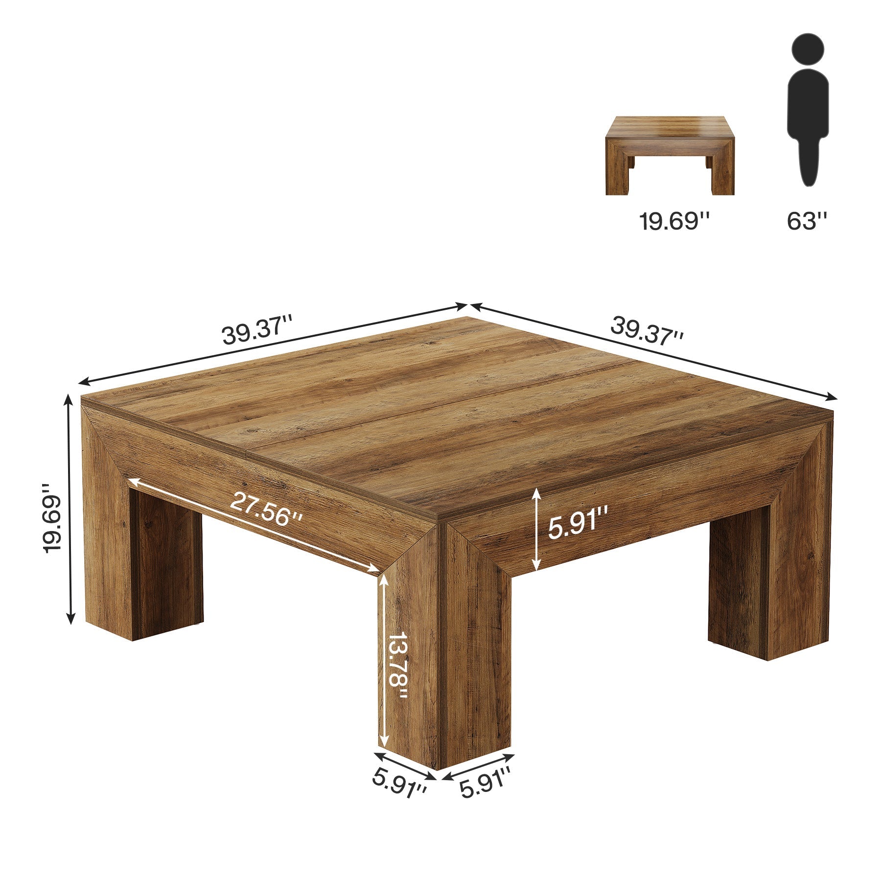 39" Coffee Table, Farmhouse Square Accent Center Cocktail Table