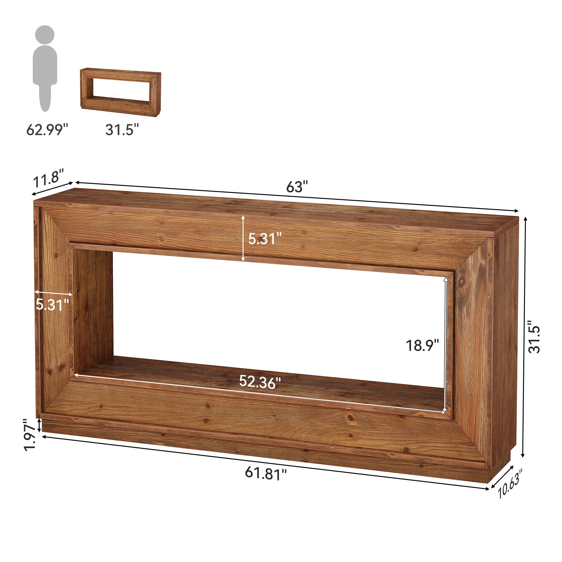 63" Solid Wood Console Table, Farmhouse Entryway Table with Storage for Living Room