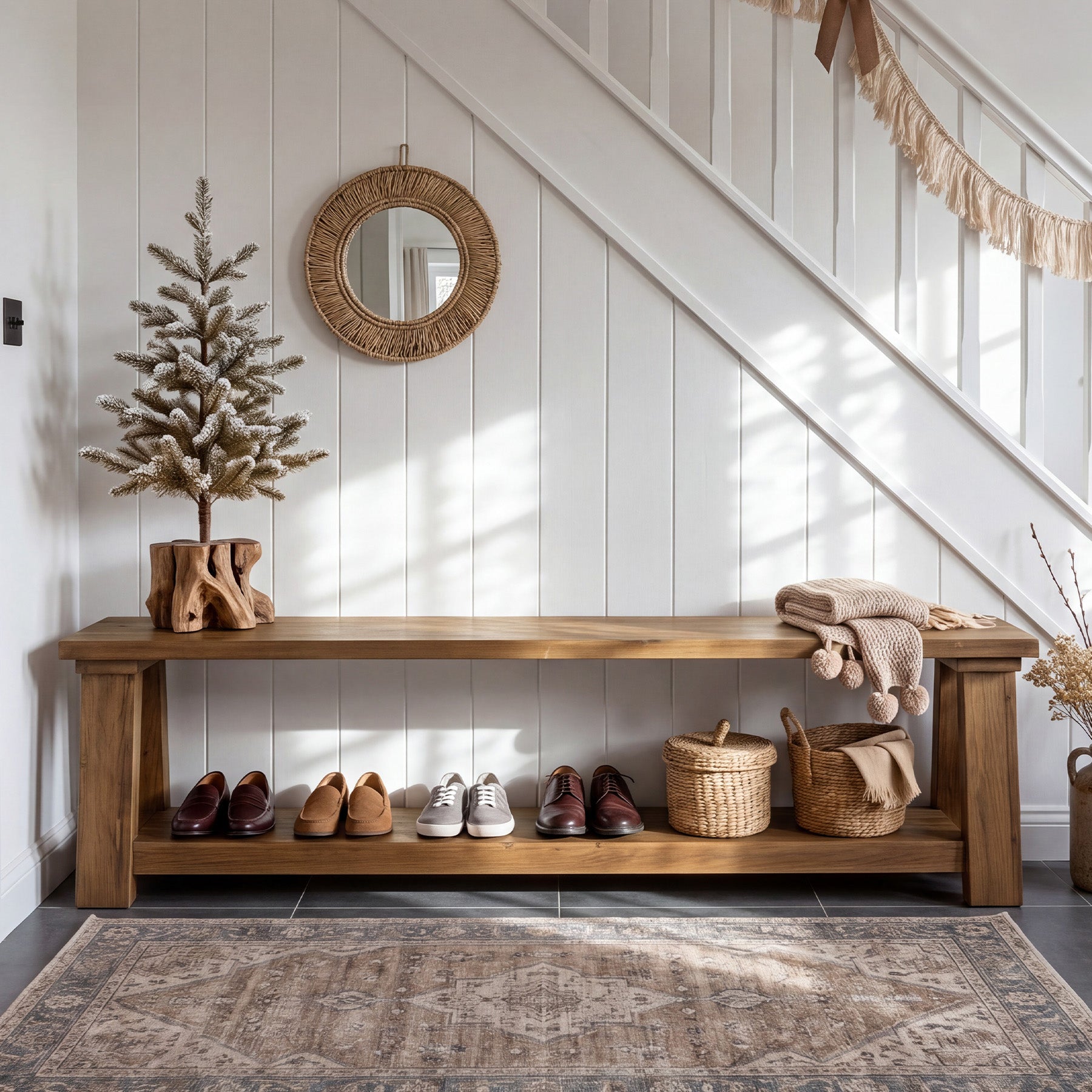 70.87" Solid Wood Entryway Bench, 2-Tier Shoe Bench with Storage Shelf for Hallway
