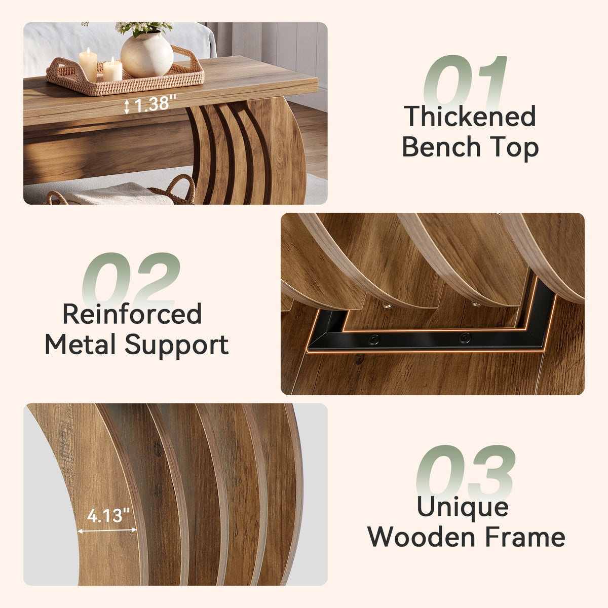 63" Farmhouse End of Bed Bench with Storage, 2-Tier Curved Hollow Legs