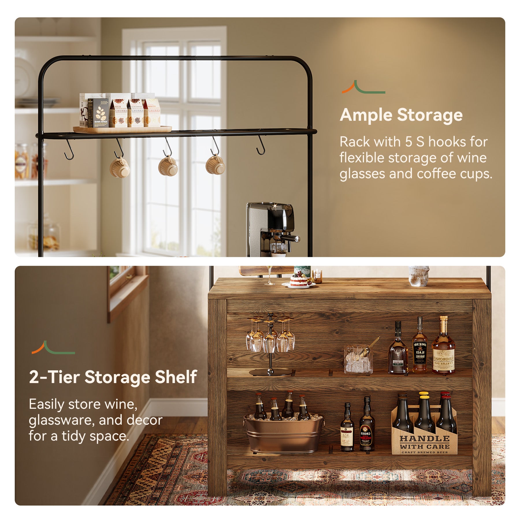 47" Solid Wood Bar Table, 3-Tier Home Bar Unit with Storage Shelves & 5 Hooks