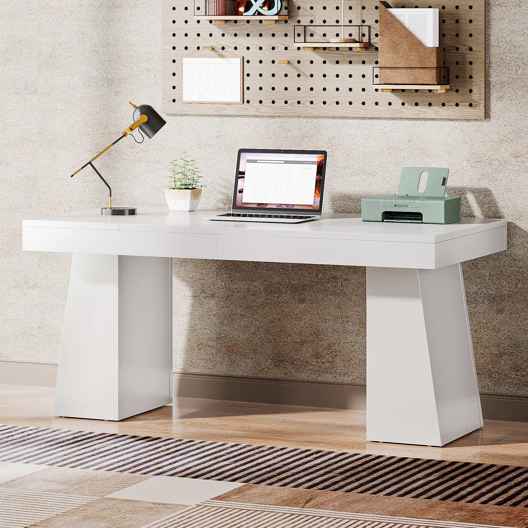 55" Executive Office Desk with Double Trapezoid Base, Modern Wooden Computer Desk for Home Office