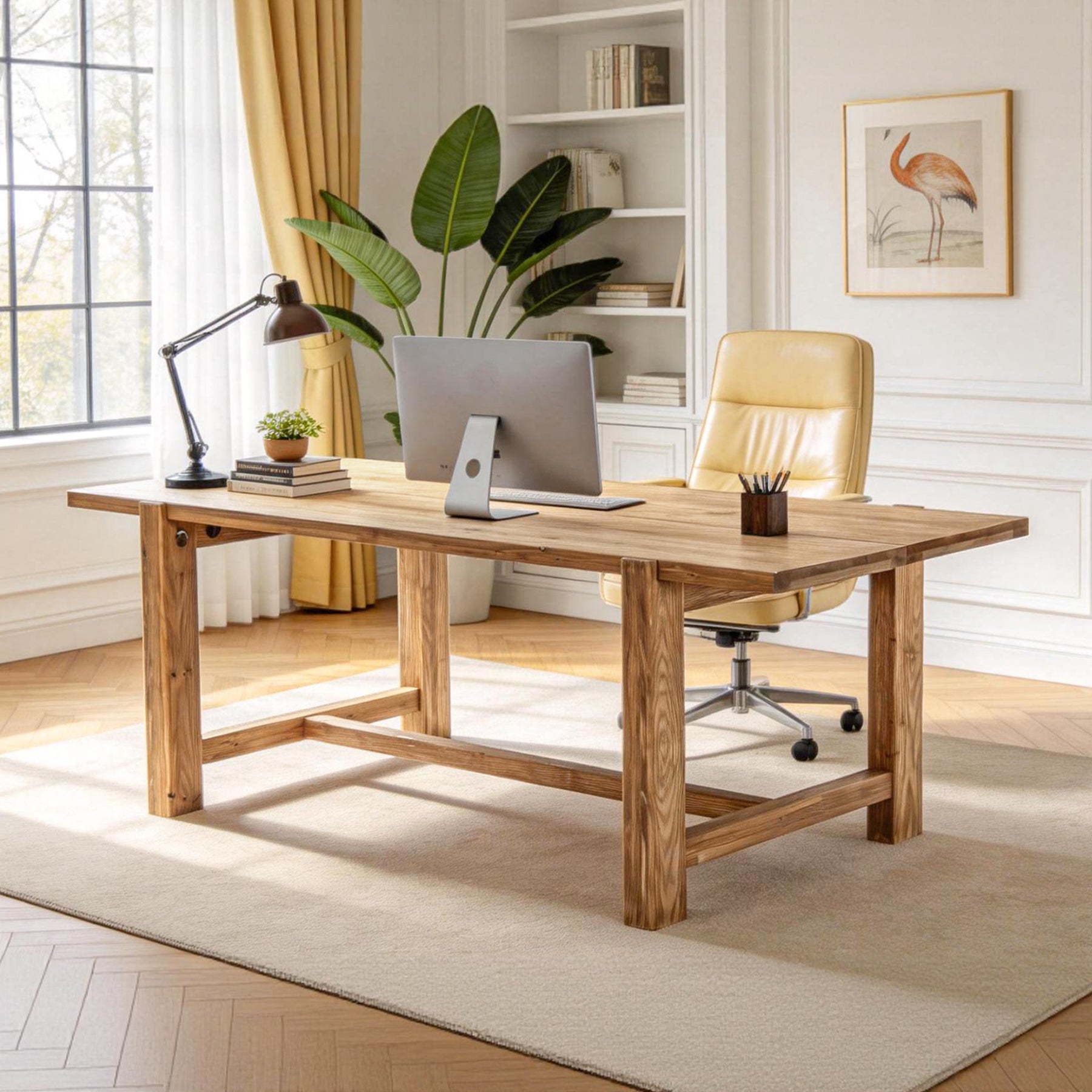 63 Inch Solid Wood Computer Desk, Farmhouse Executive Office Desk for Home Office Workspace