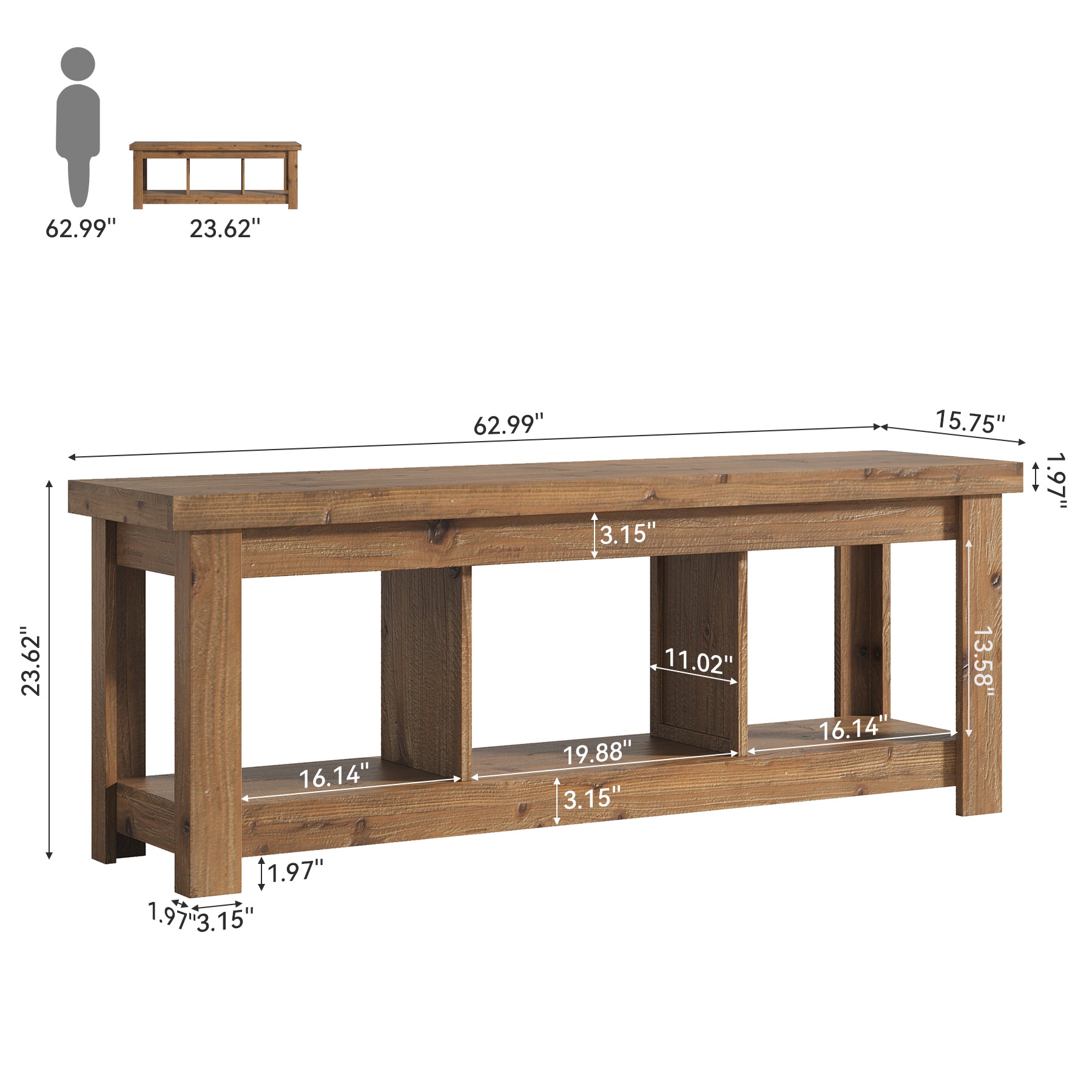 63" Solid Wood TV Stand With 3 Open Shelves for 55/60/65/75-Inch TVs