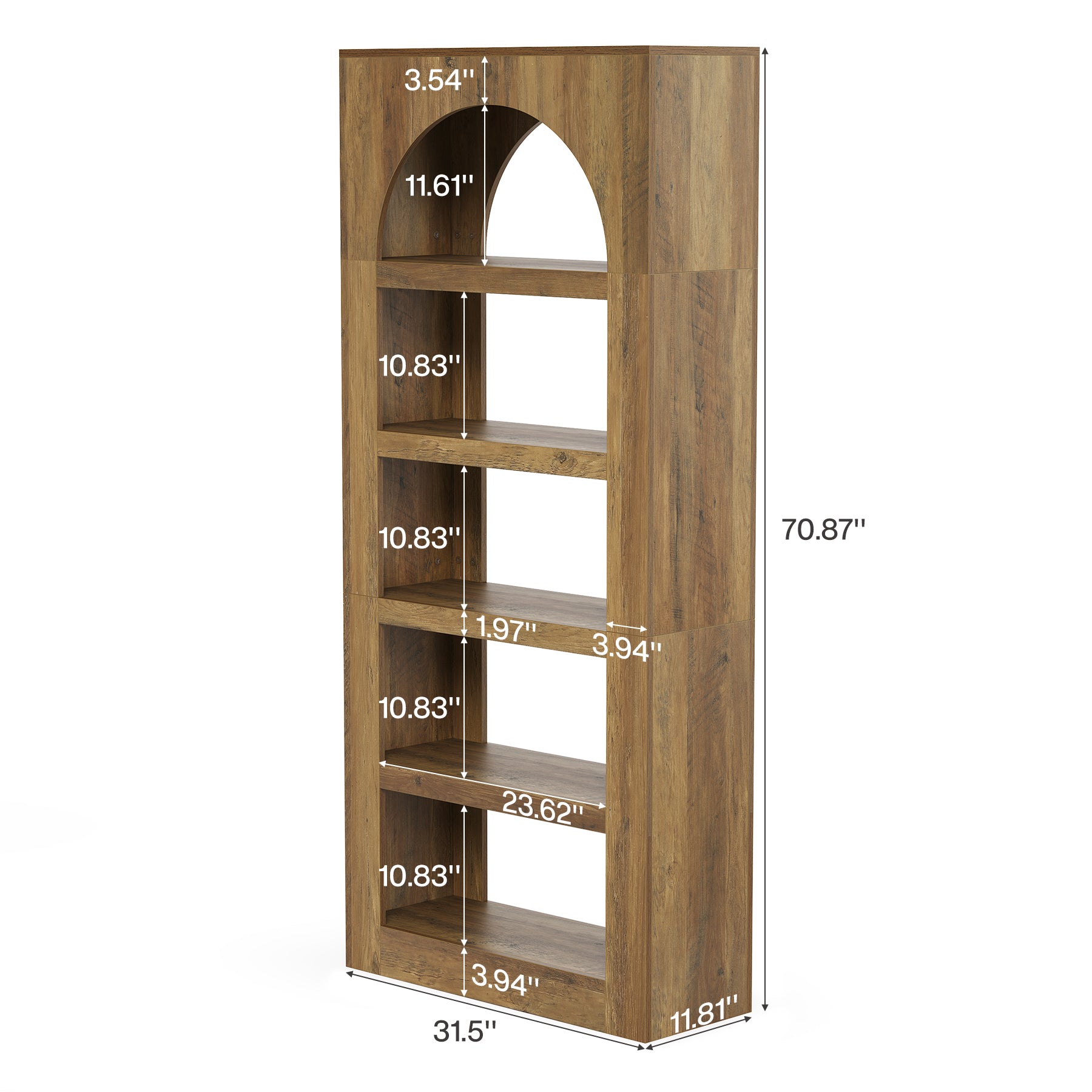 70.8" Arched 5-Tier Bookshelf, Modern Wooden Bookcase with Open Storage for Living Room, Bedroom & Office