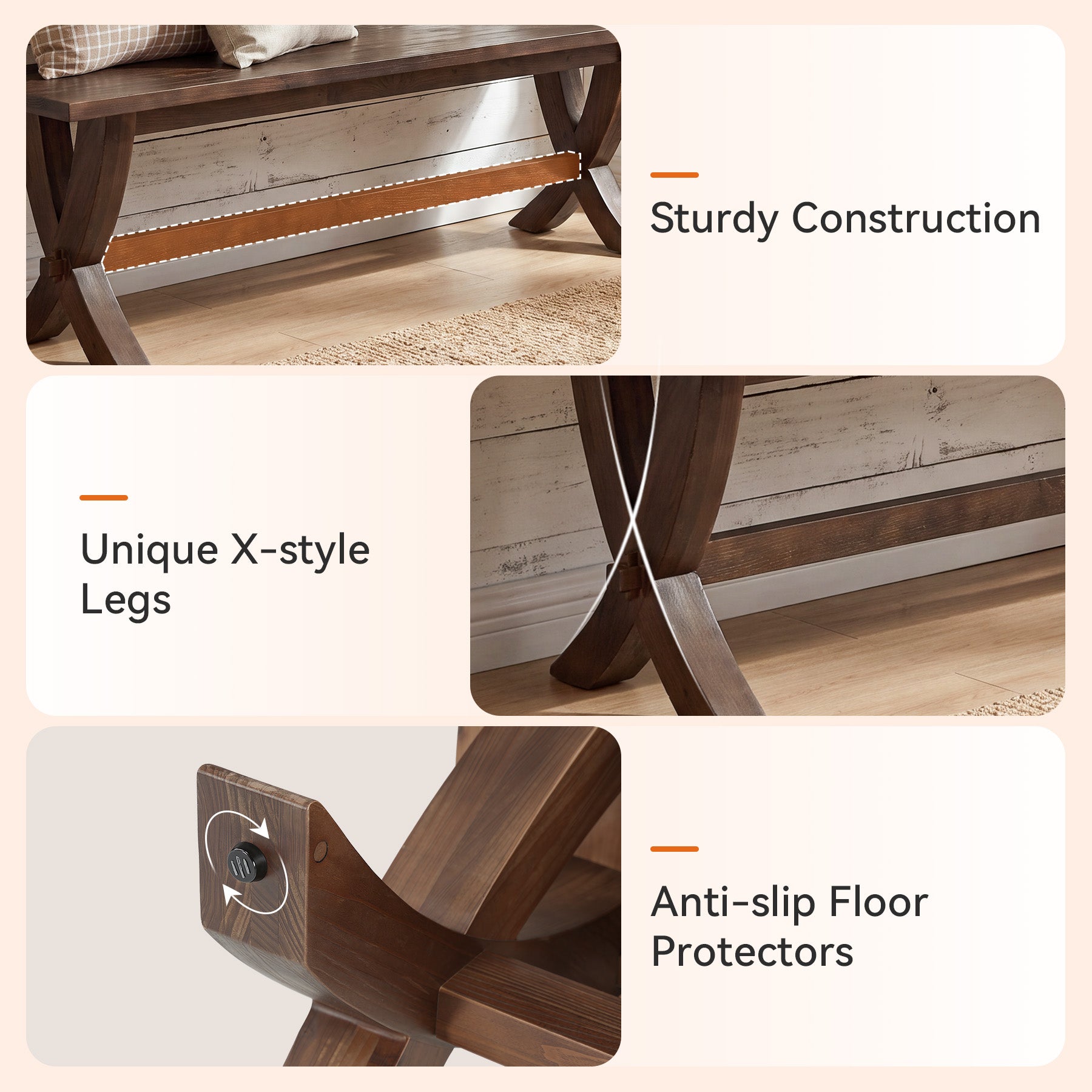 59" Solid Wood Entryway Bench, Farmhouse Wooden Bench with X-Frame Legs