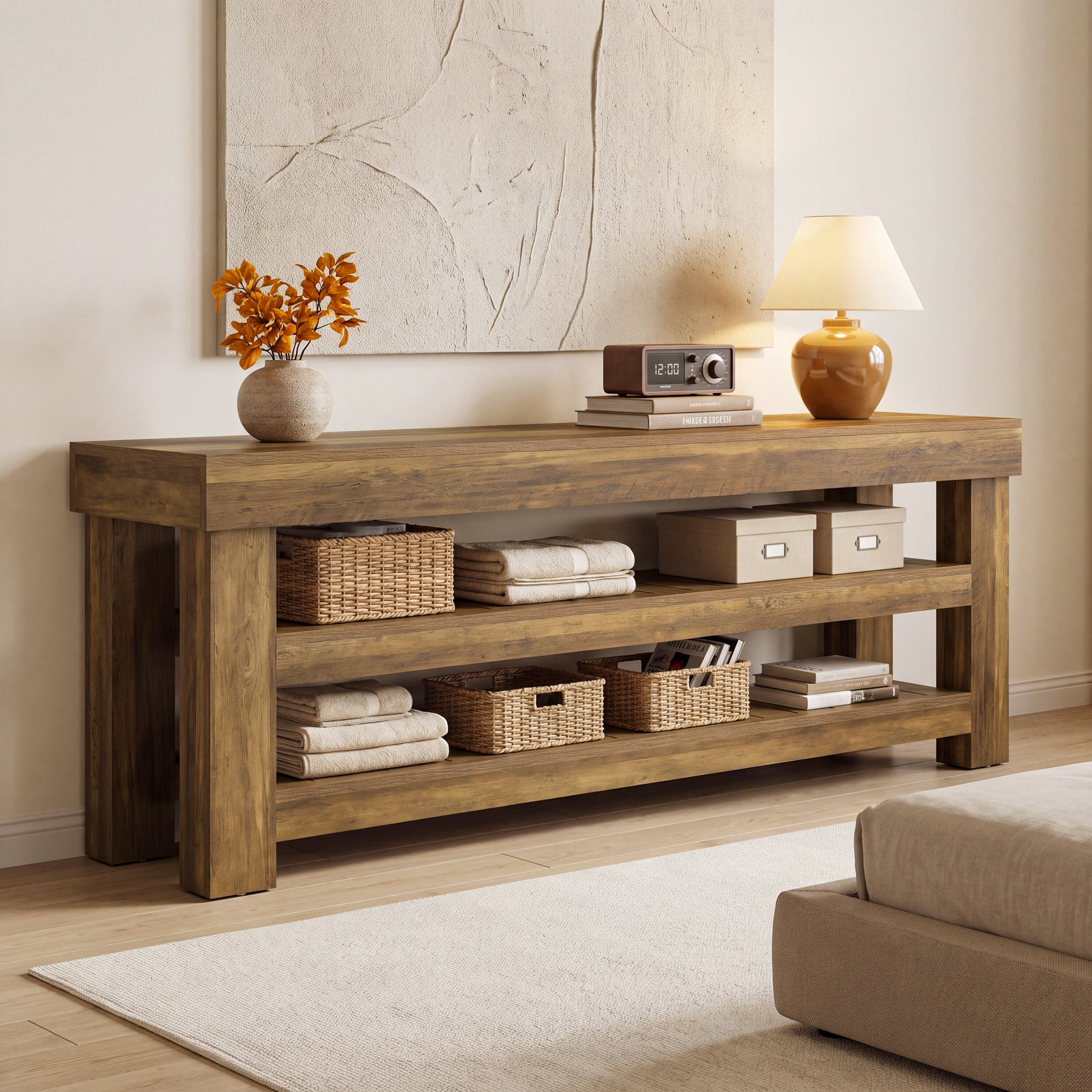 71" TV Stand for 85" TVs, Farmhouse Entertainment Center, 2-Tier Slatted Shelves