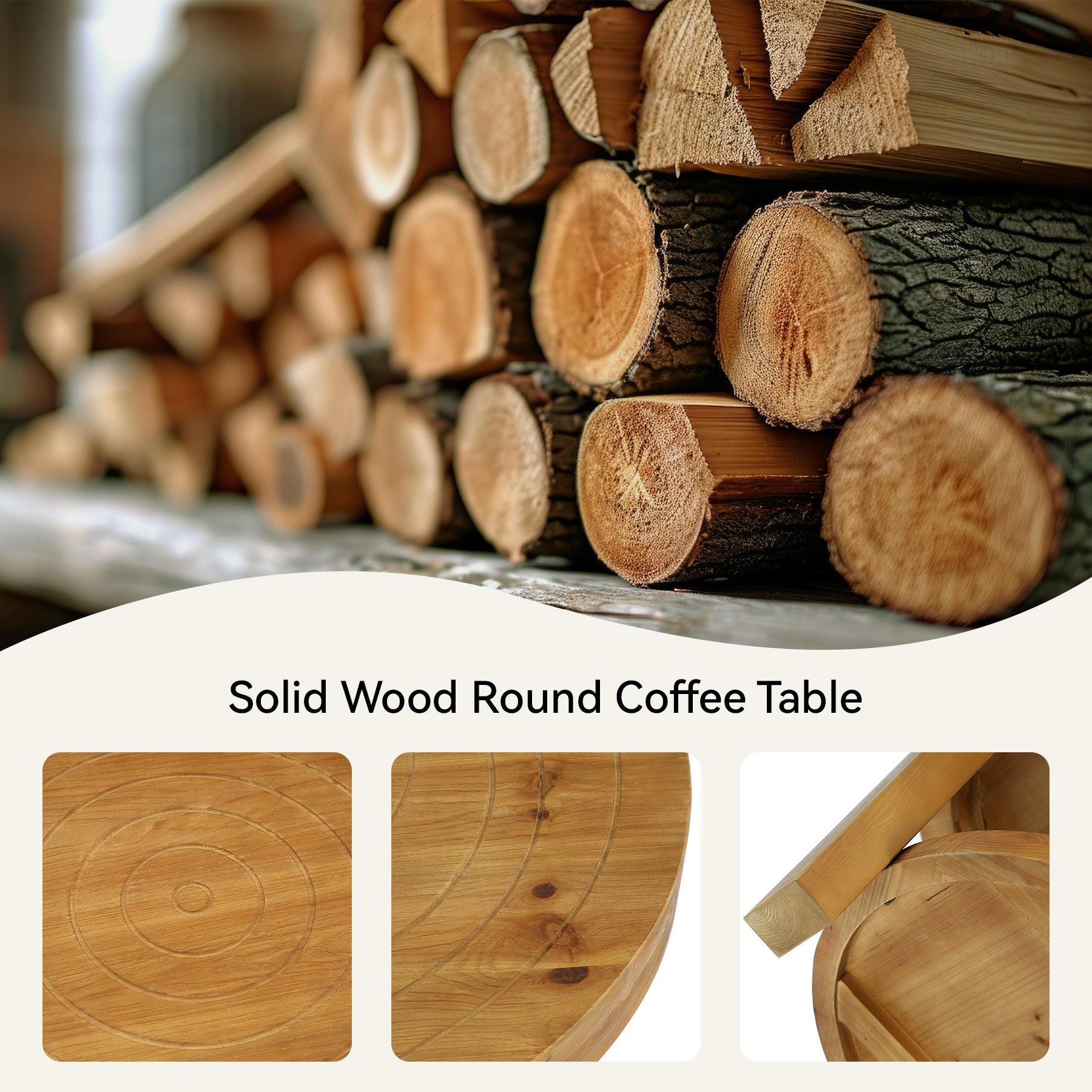 Round Solid Wood Coffee Table, 31.5" Center Table with 2-Tier Storage