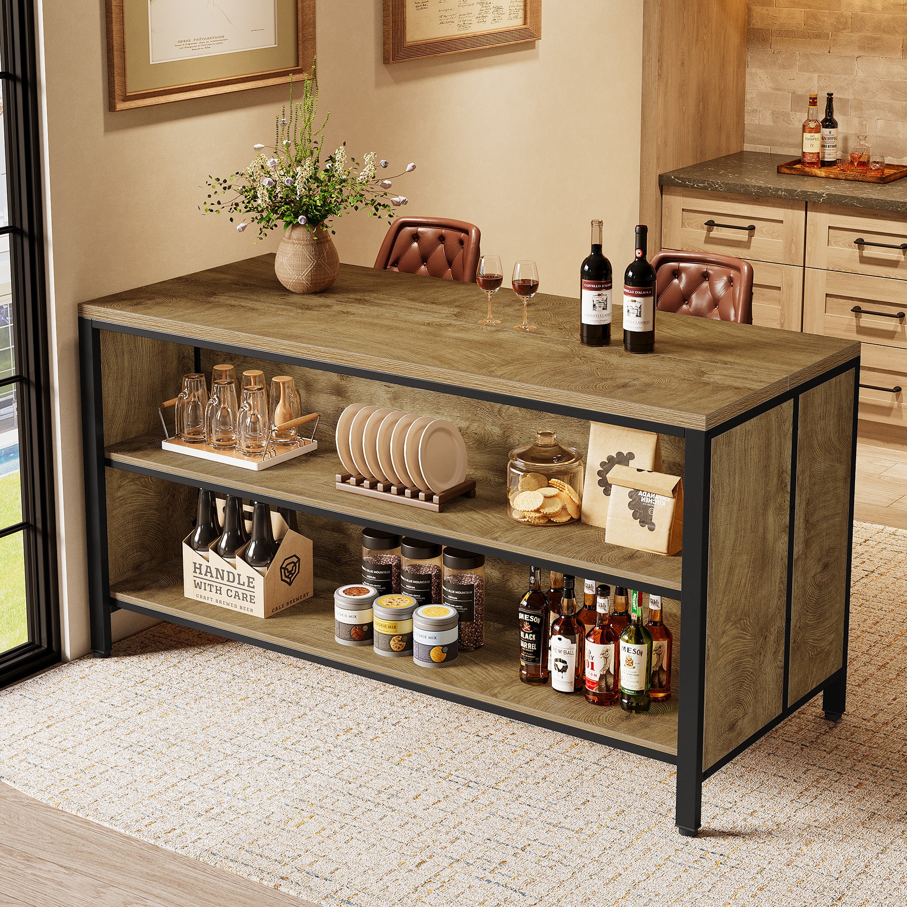 63" Kitchen Island with Storage, Large Coffee Bar Cabinet with Metal Frame