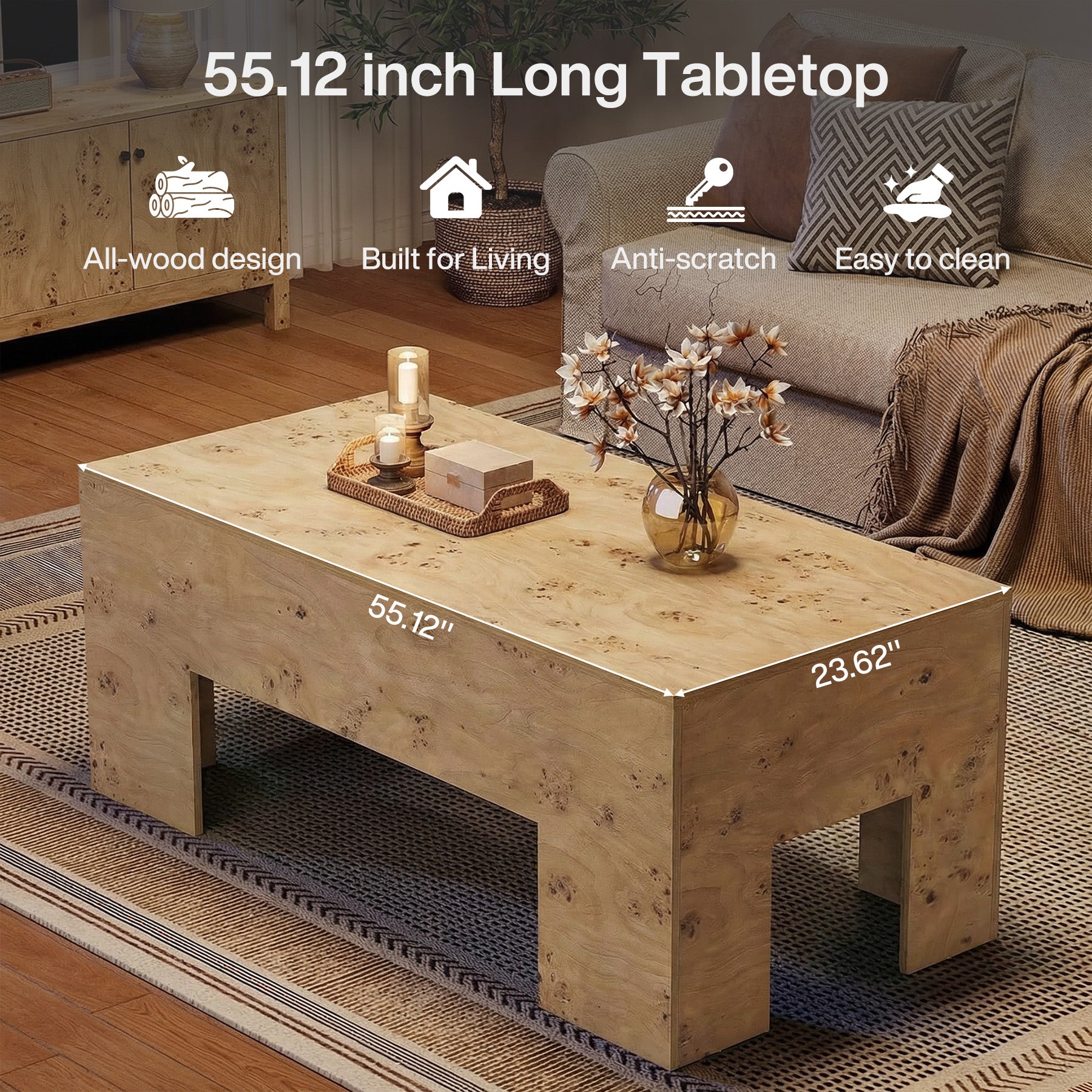Tribesigns 55.12" Wood Coffee Table, Burl Veneer Center Table for Living Room