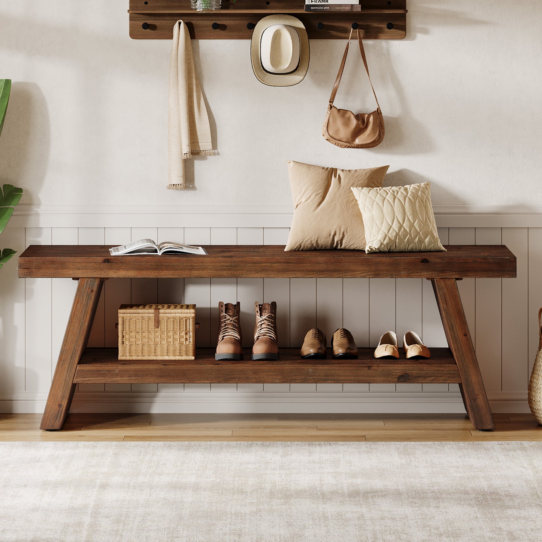 2-Tier Solid Wood Entryway Bench with Open Storage, Wooden Shoe Bench for Hallway & Foyer