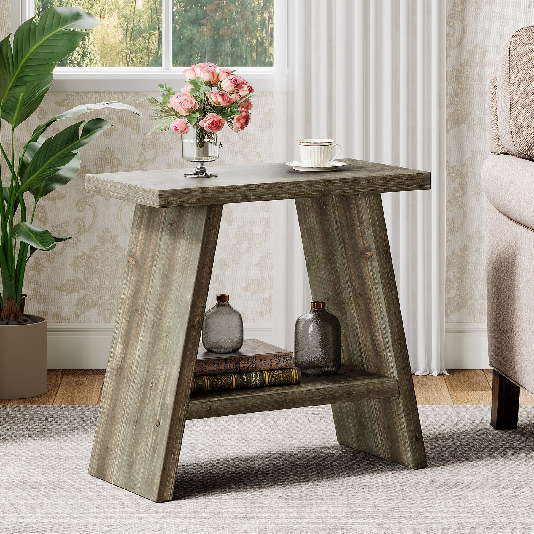 23.6" End Table, Solid Wood Small Side Table with 2-Tier Storage