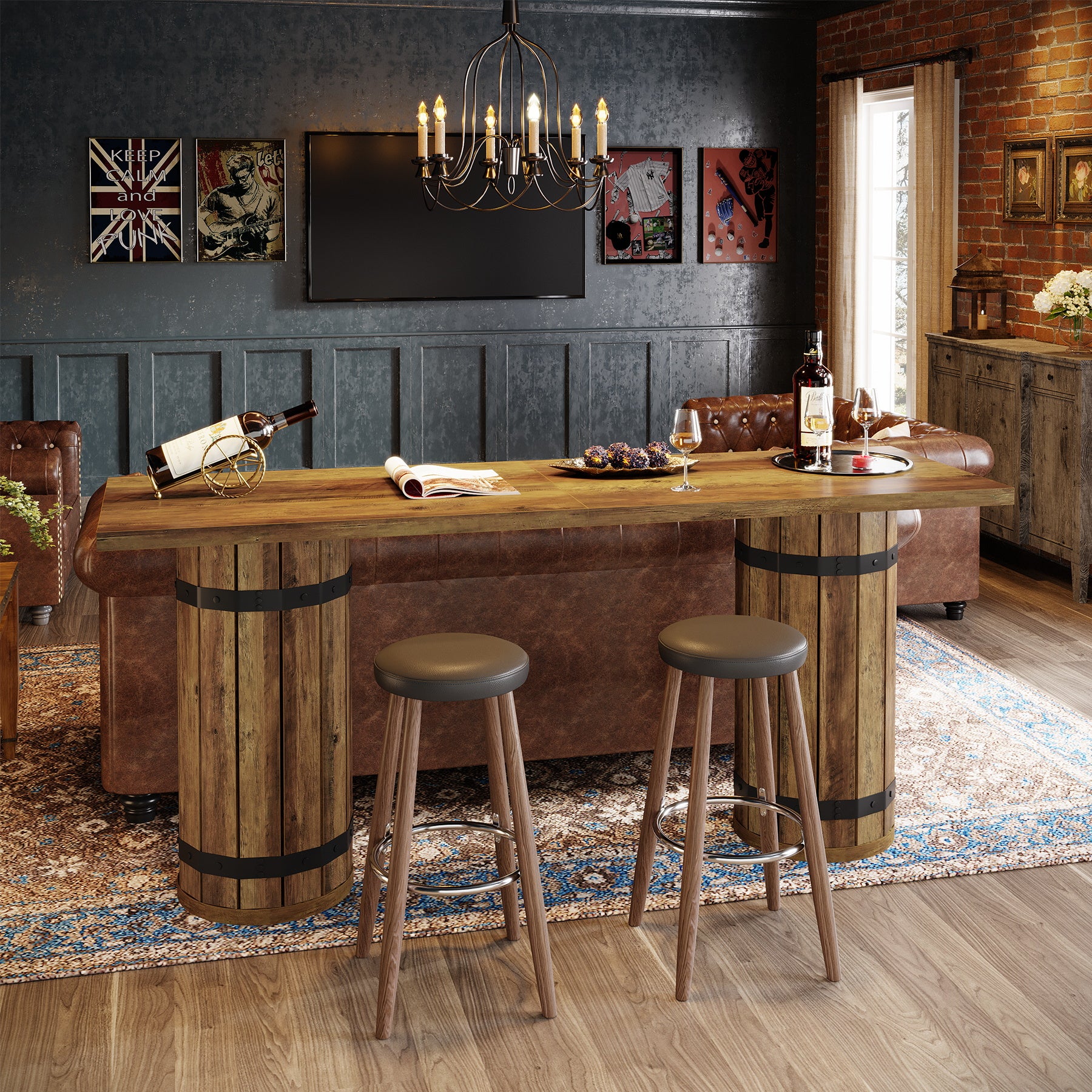 70.9" Bar Table, Rectangular Counter Height Pub Table with Fence Pedestal Base