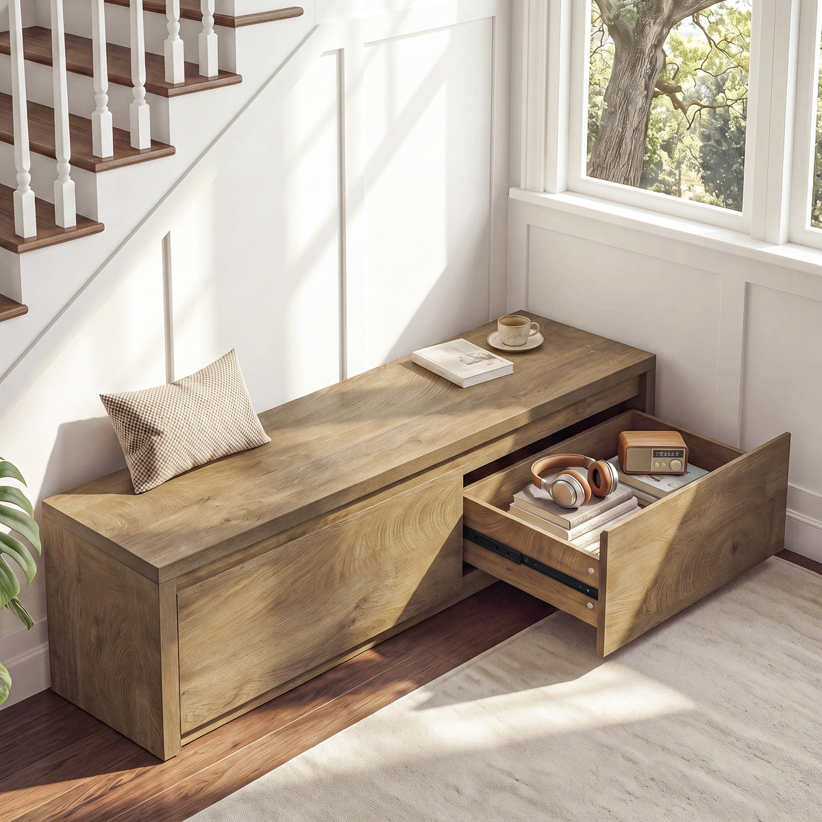 47" Entryway Storage Bench with 2 Drawers, Rustic Wooden Shoe Cabinet, Entryway Hallway