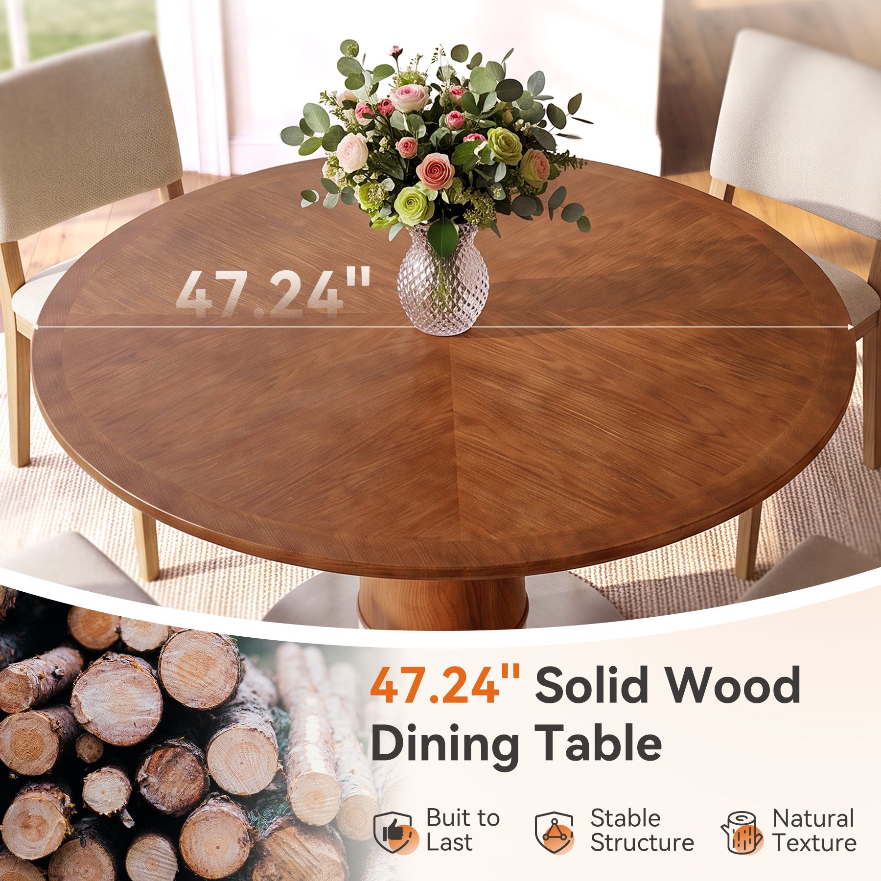 47" Round Dining Table for 4-6, Solid Wood Mid-Century Modern Kitchen Table, Stainless Steel Pedestal Base