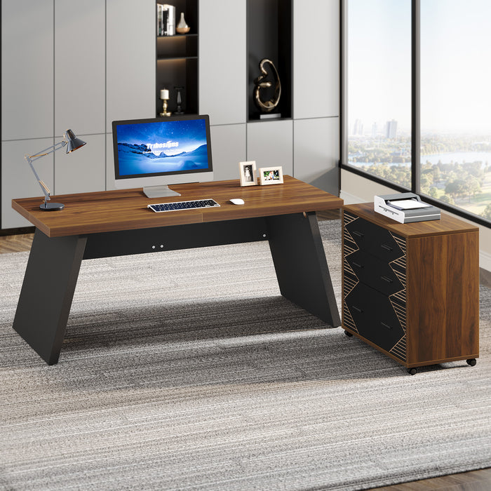 62" Executive Desk, L-shape Computer Desk with File Cabinet