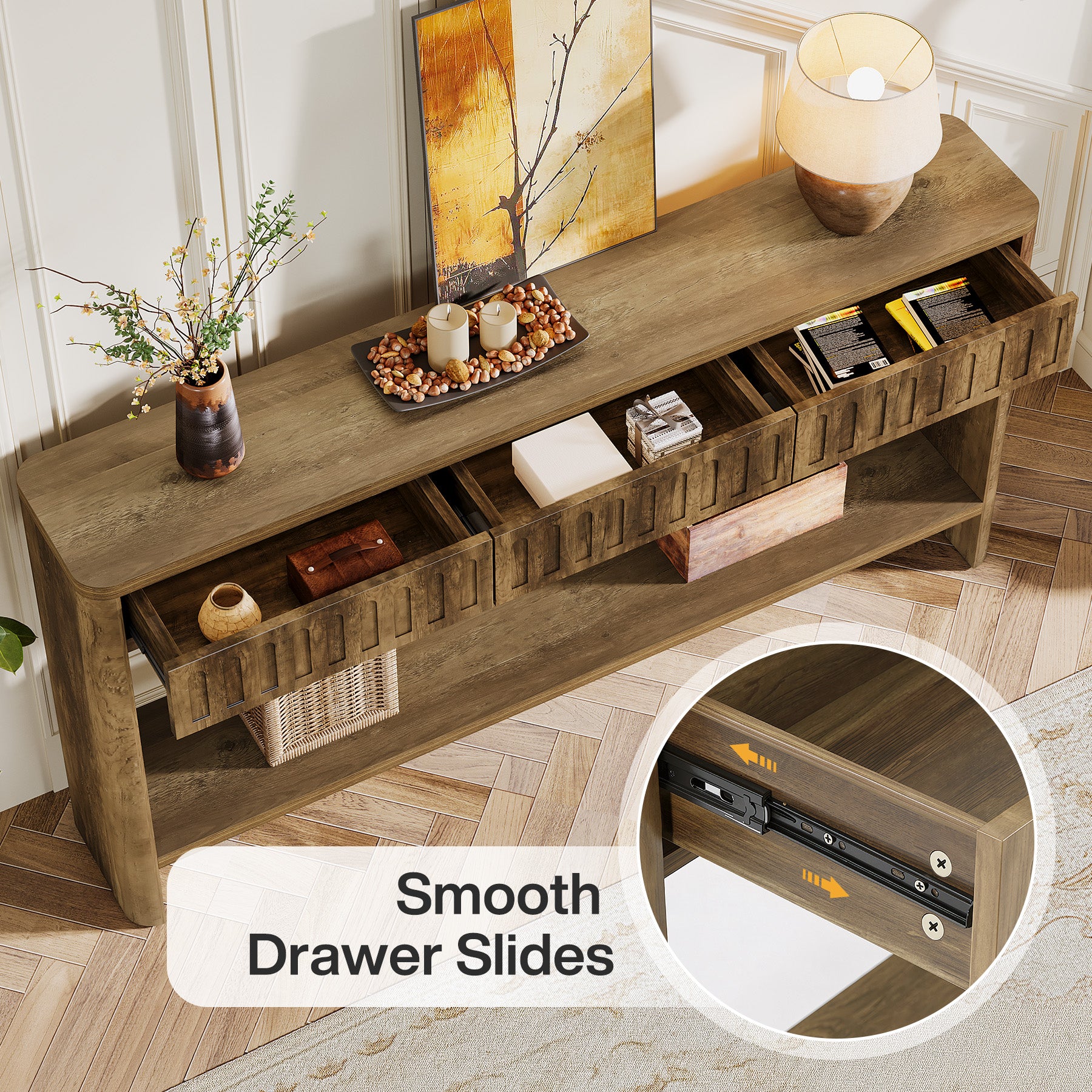 63" Rustic Fluted Console Table, Wood Entryway Table  with 3 Drawers for Living Room