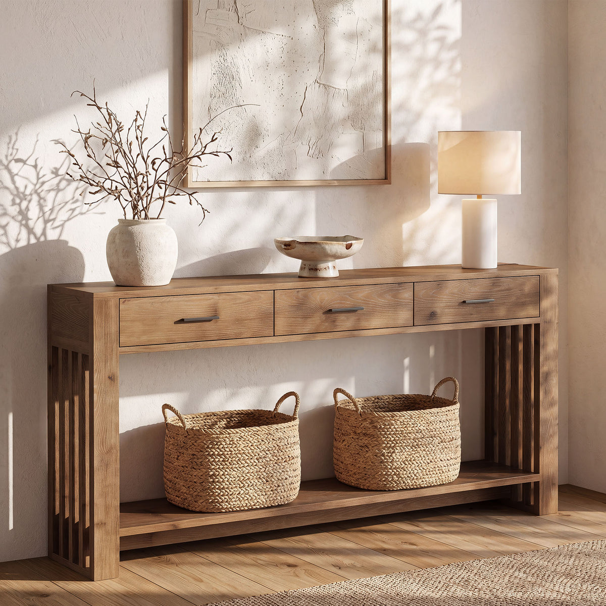 63" Solid Wood Console Table, 3 Drawers 2-Tier Narrow Farmhouse Entryway Table