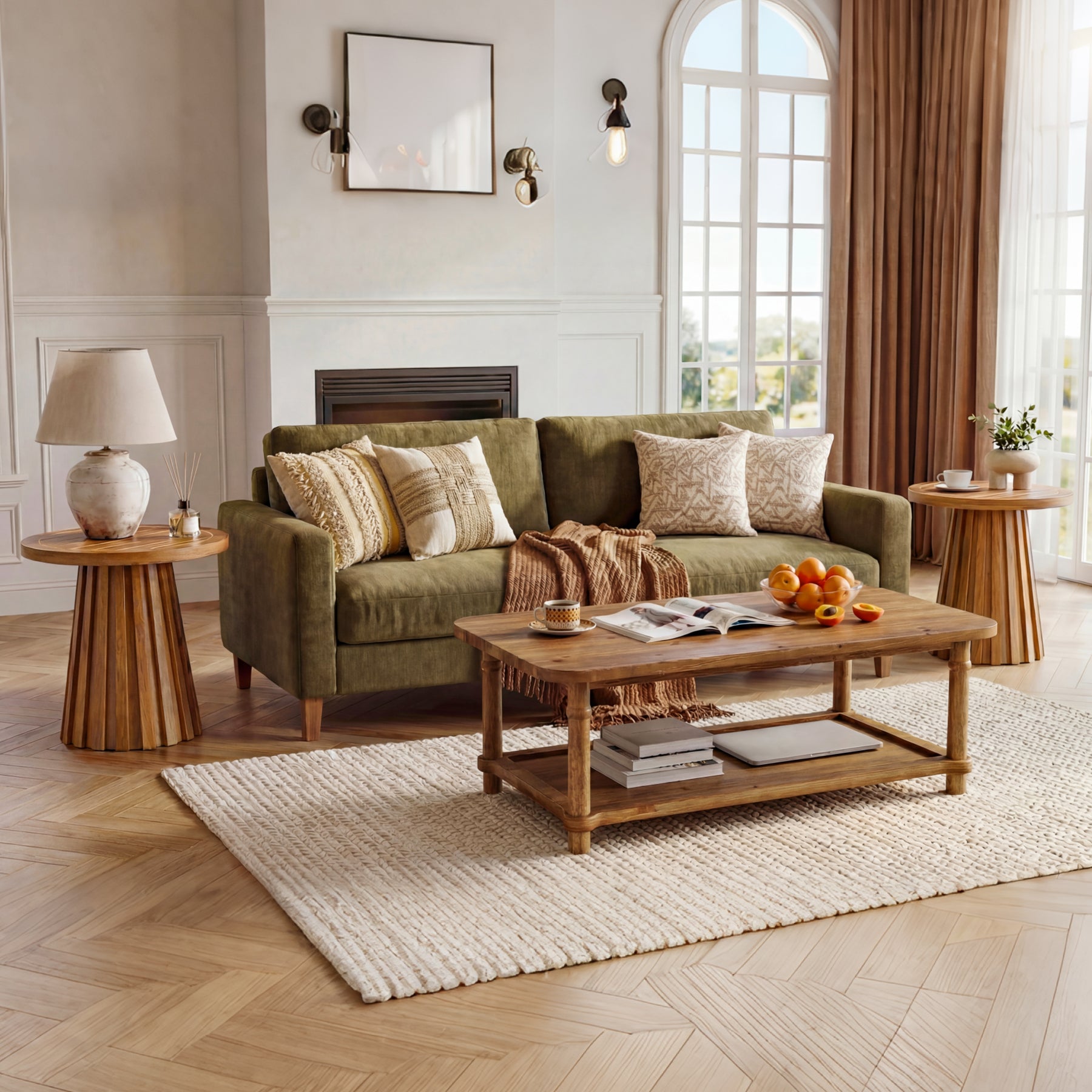 20" Round Side Table, Solid Wood End Table with Fluted Base for Living Room