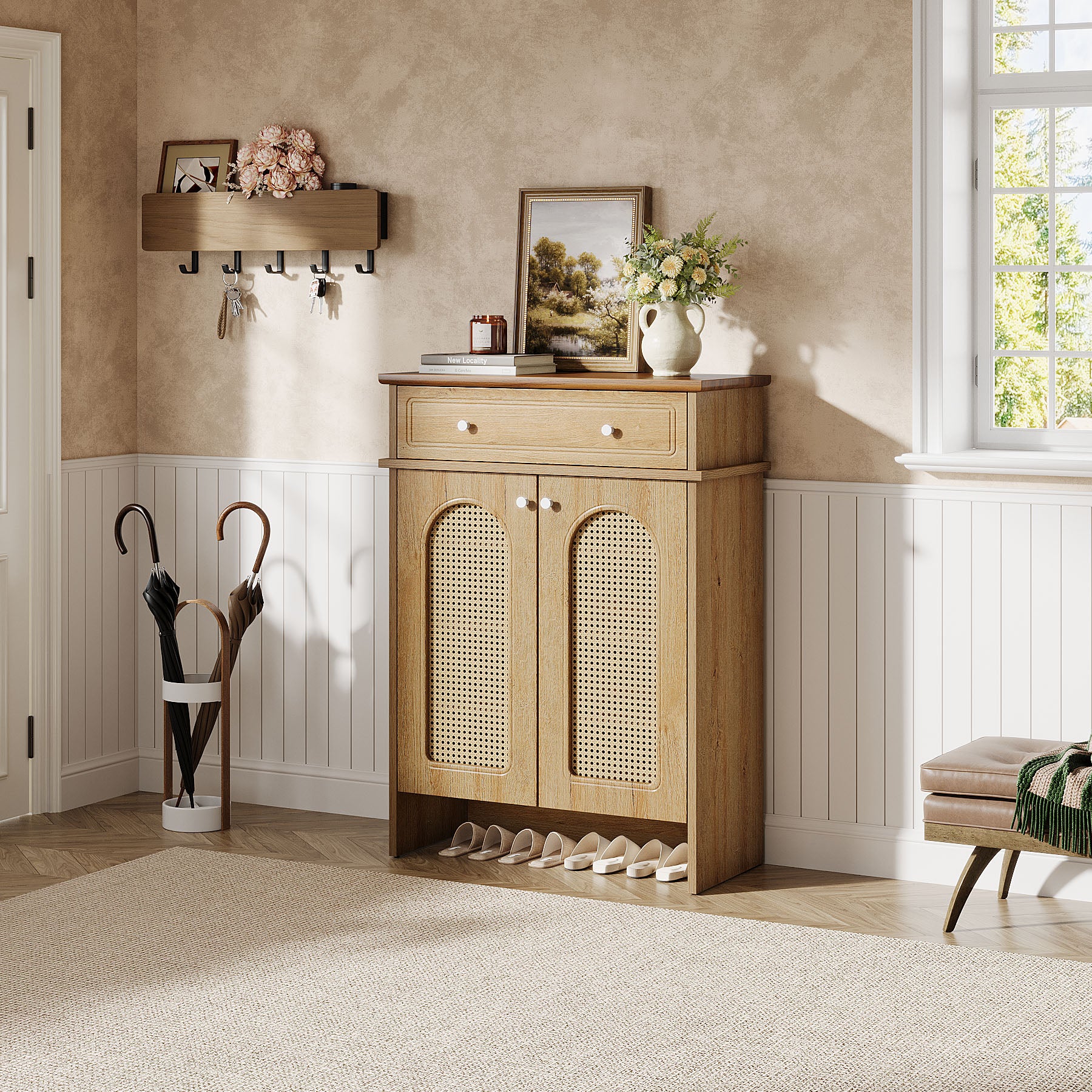 43" Shoe Cabinet with Doors, 6-Tier Shoe Rack Storage Cabinet with Drawer