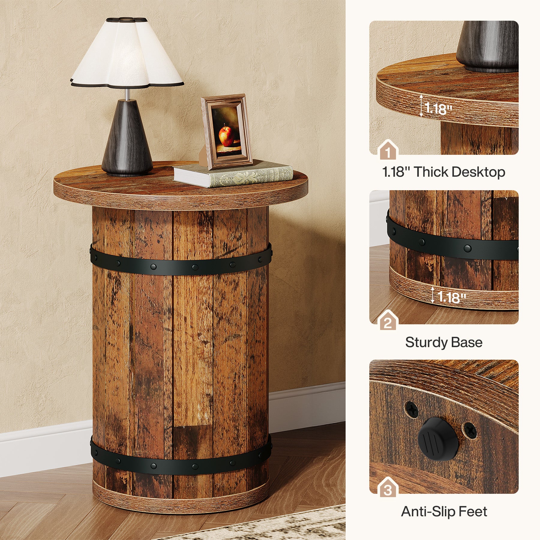 25.6" Tall End Table, Round Side Table Nightstand with Sturdy Base
