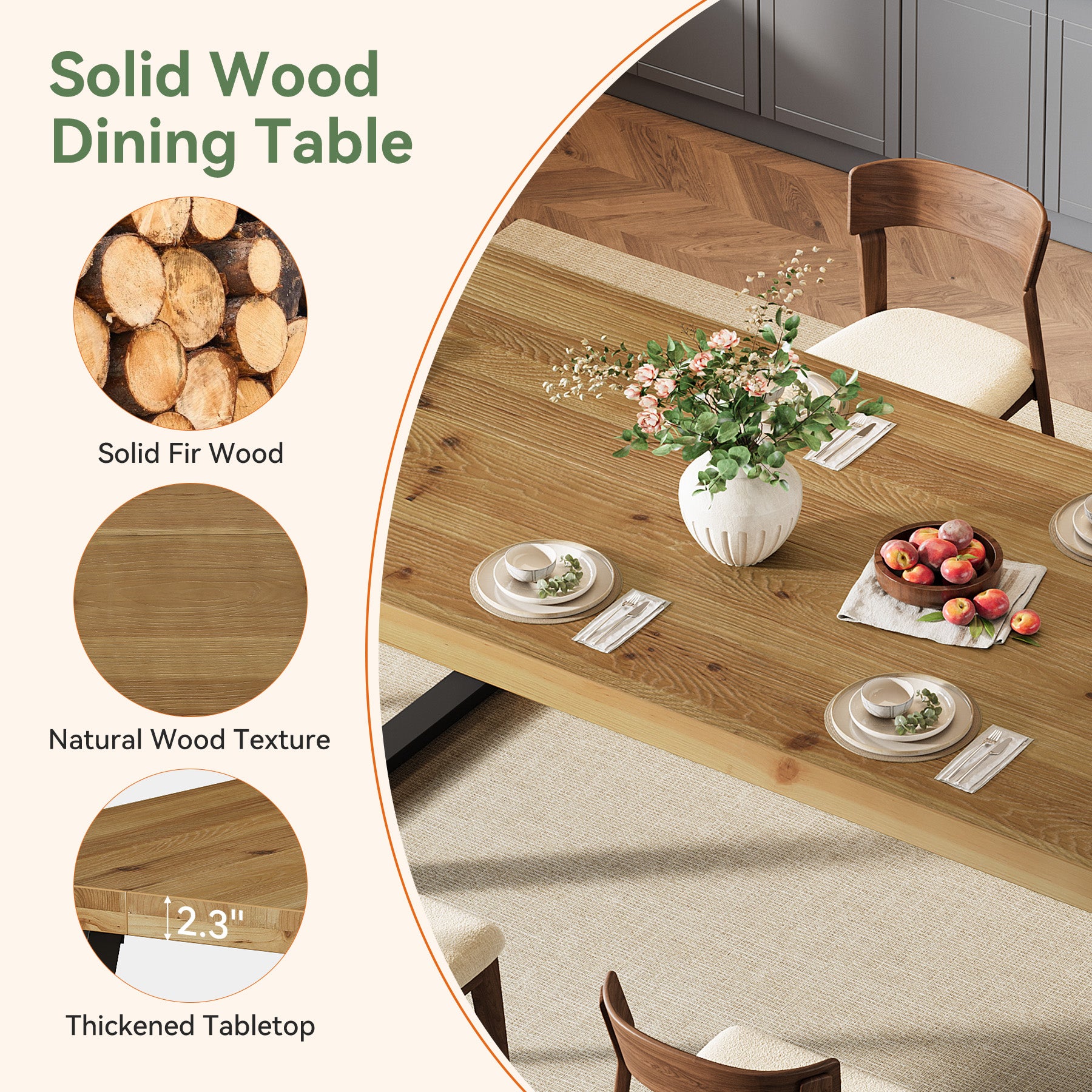 63" Solid Wood Dining Table for 4-6, Rectangular Kitchen Table with Metal Legs
