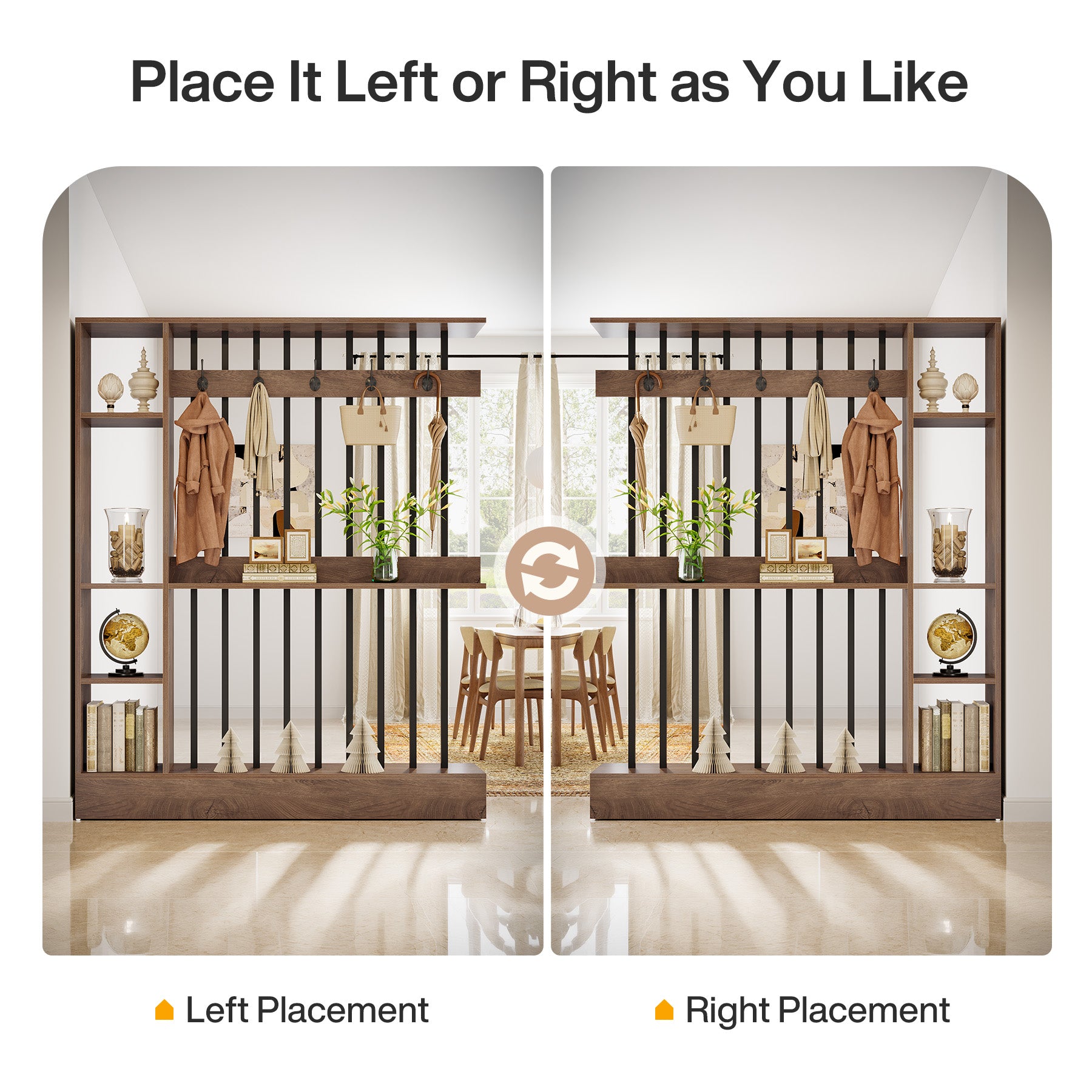 71" Wall Room Divider, Modern  Room Partition with Shelves & Coat Hooks for Entryway