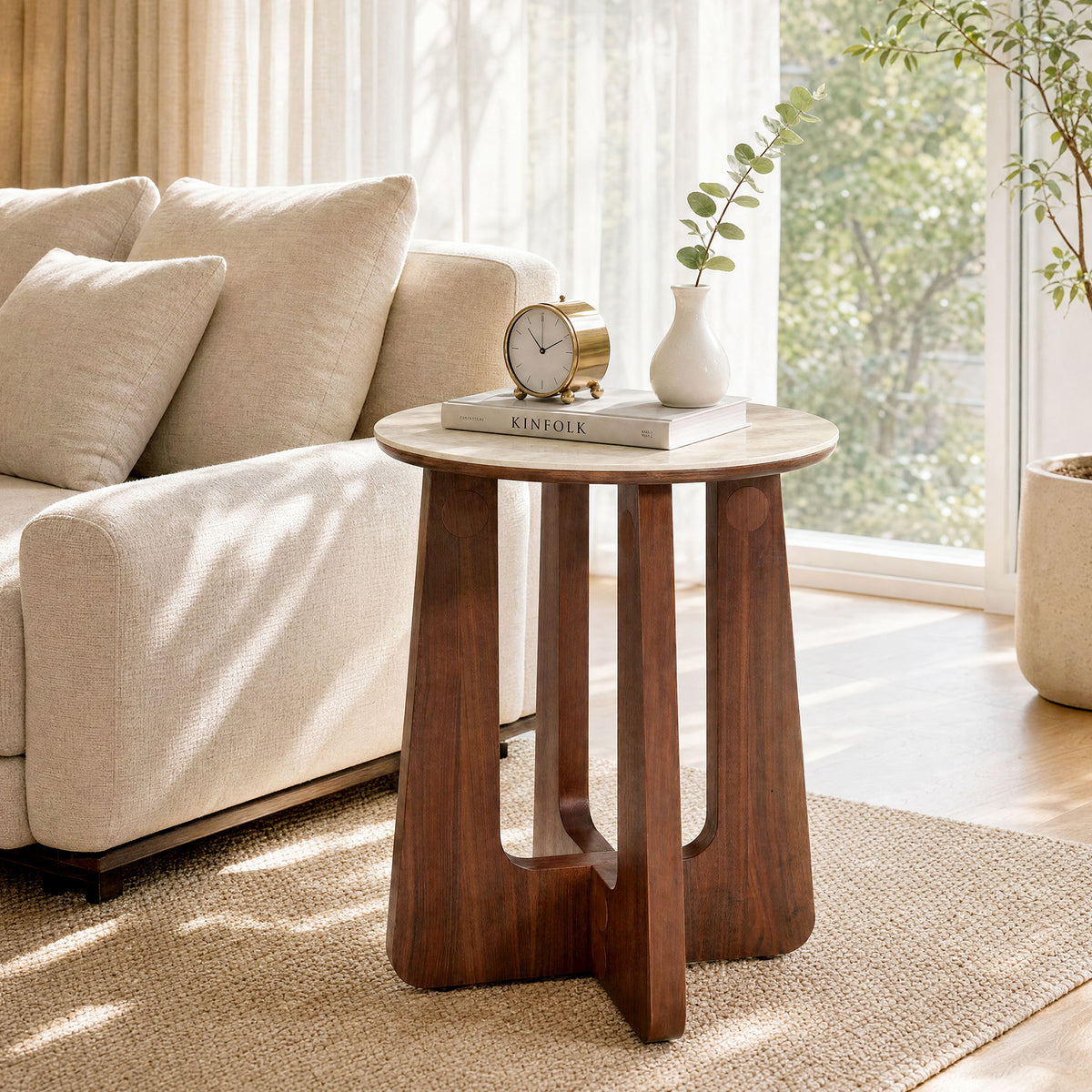 19" Round End Table, Sintered Stone with Solid Wood Base, Mid-Century Modern