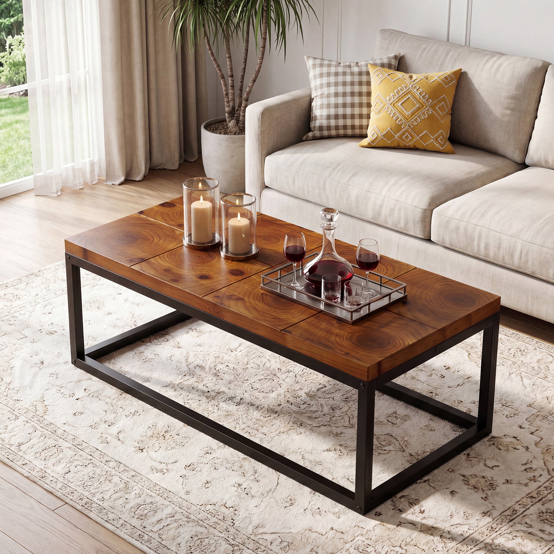 47" Rectangle Coffee Table, Solid Wood Industrial Center Table with Metal Frame