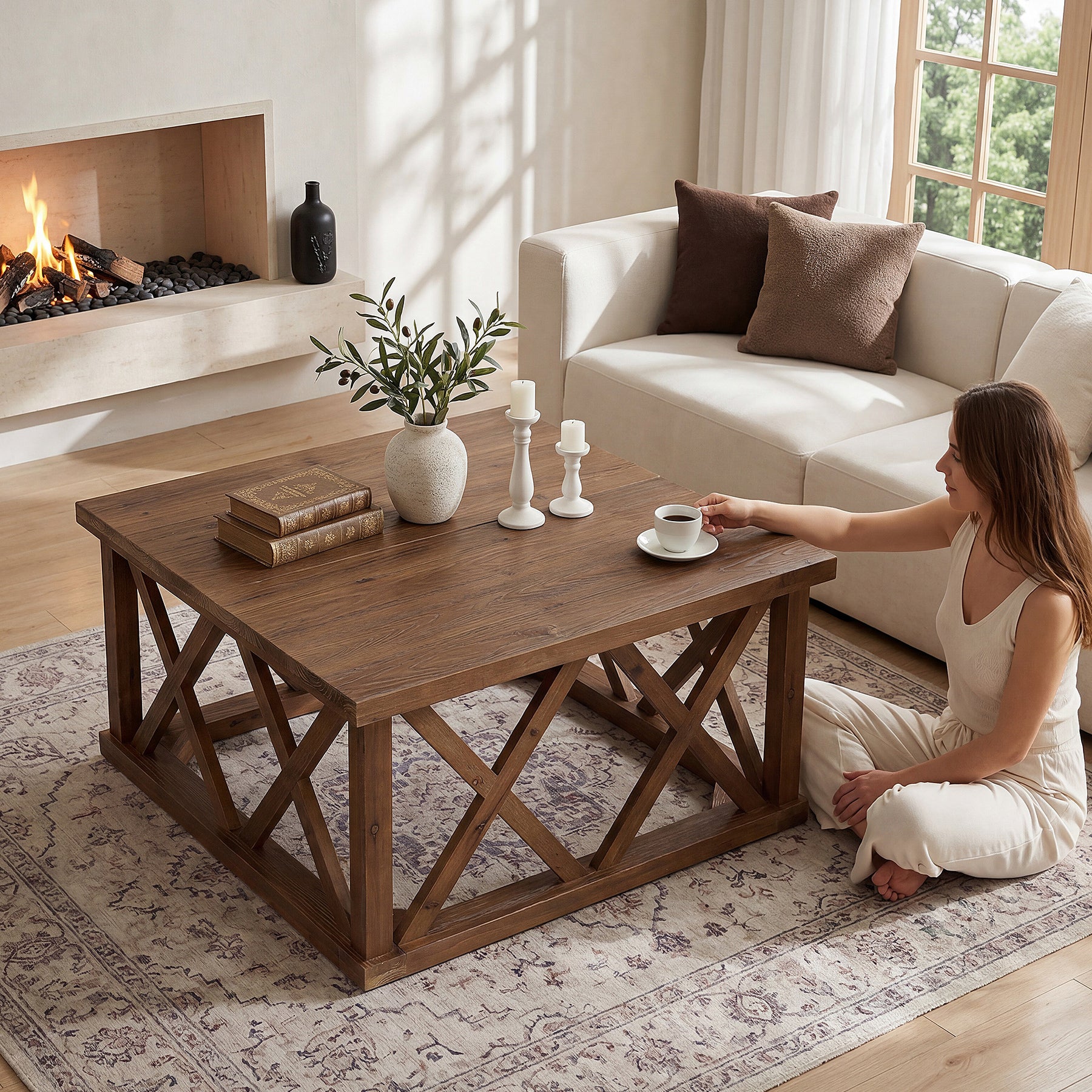 Tribesigns 39.37" Solid Wood Coffee Table, Square Farmhouse Table for Living Room