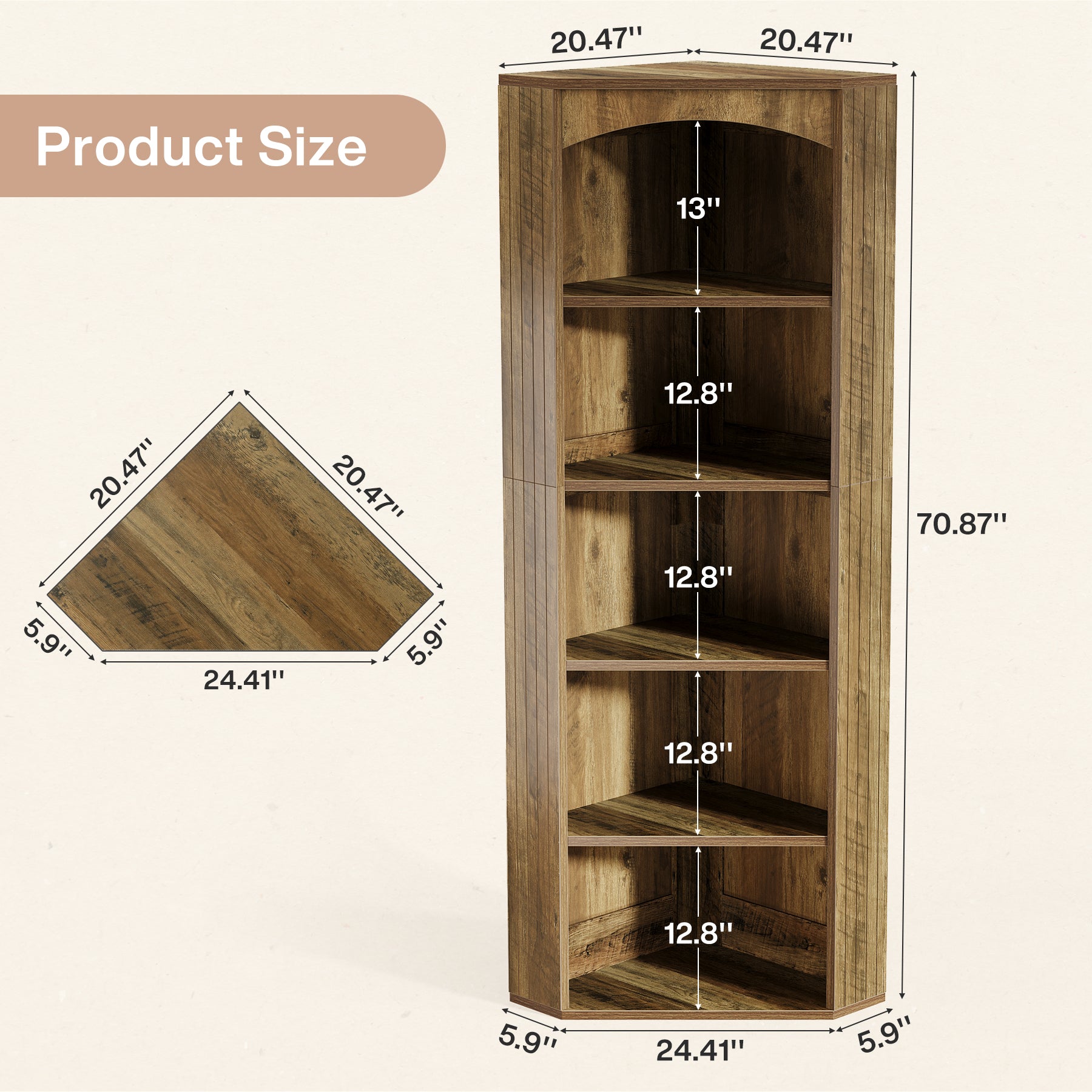 70.9" Corner Shelf, Freestanding Corner Bookcase with 6-Tier Storage Shelves