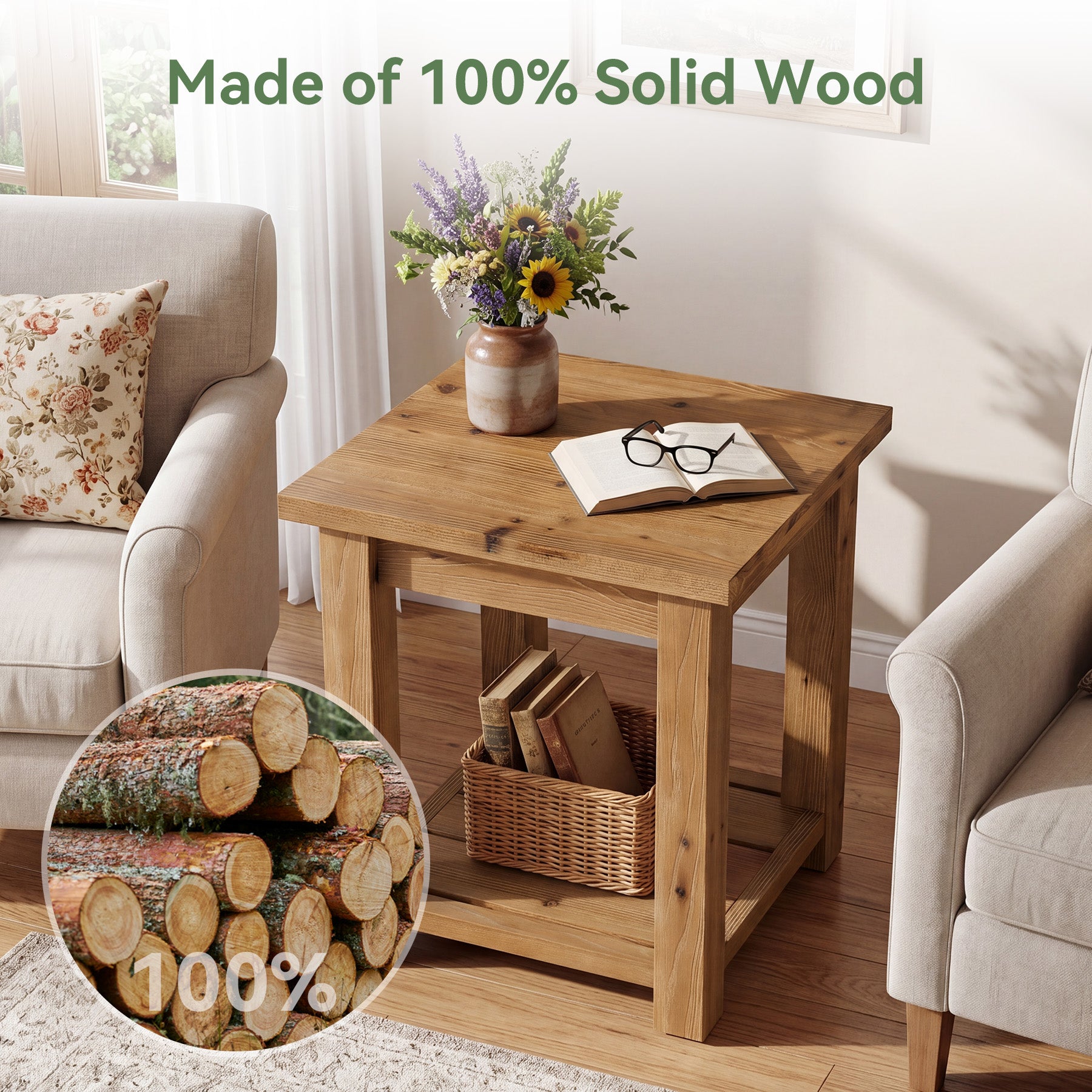 19.7" Solid Wood End Table, Square Side Table with Storage Shelves for Living Room