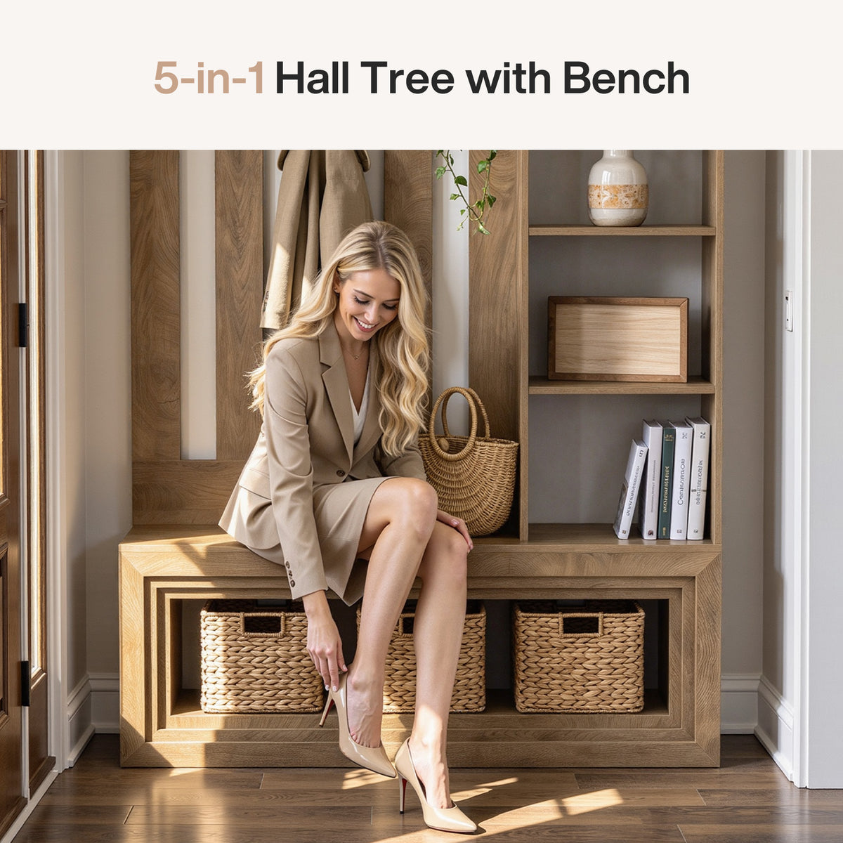 70.9" Room Divider, Farmhouse Wall Partition with Storage Shelves, 5 Hooks & Shoe Bench