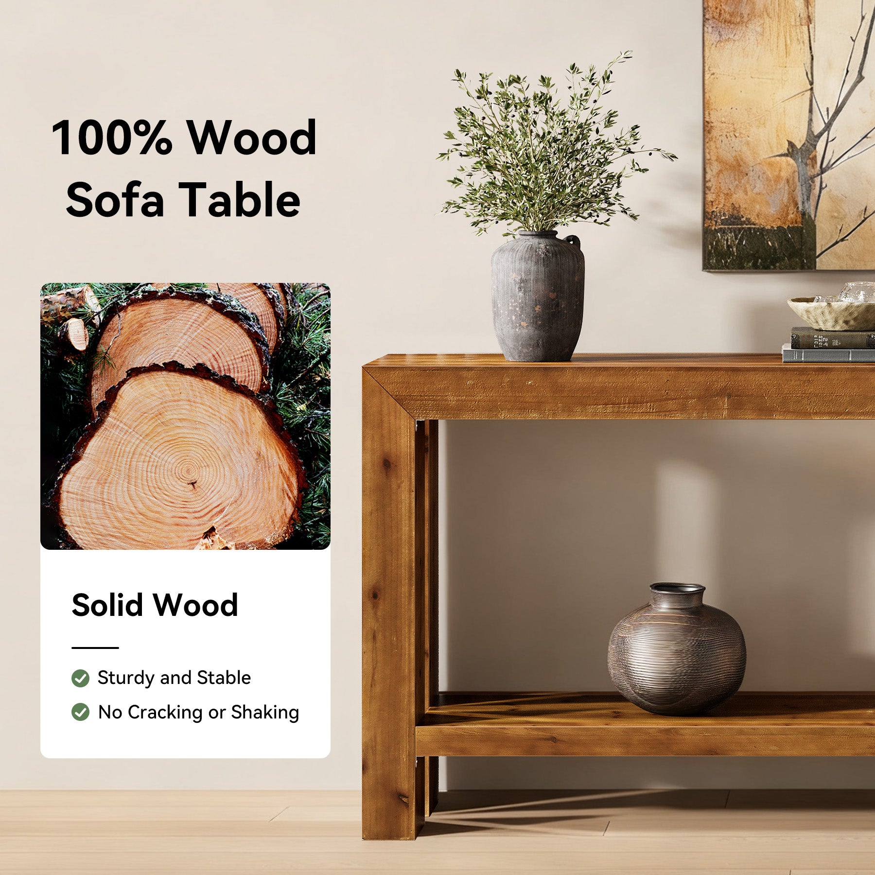 63" Solid Wood Console Table, 2-Tier Sofa Entryway Table for Hallway