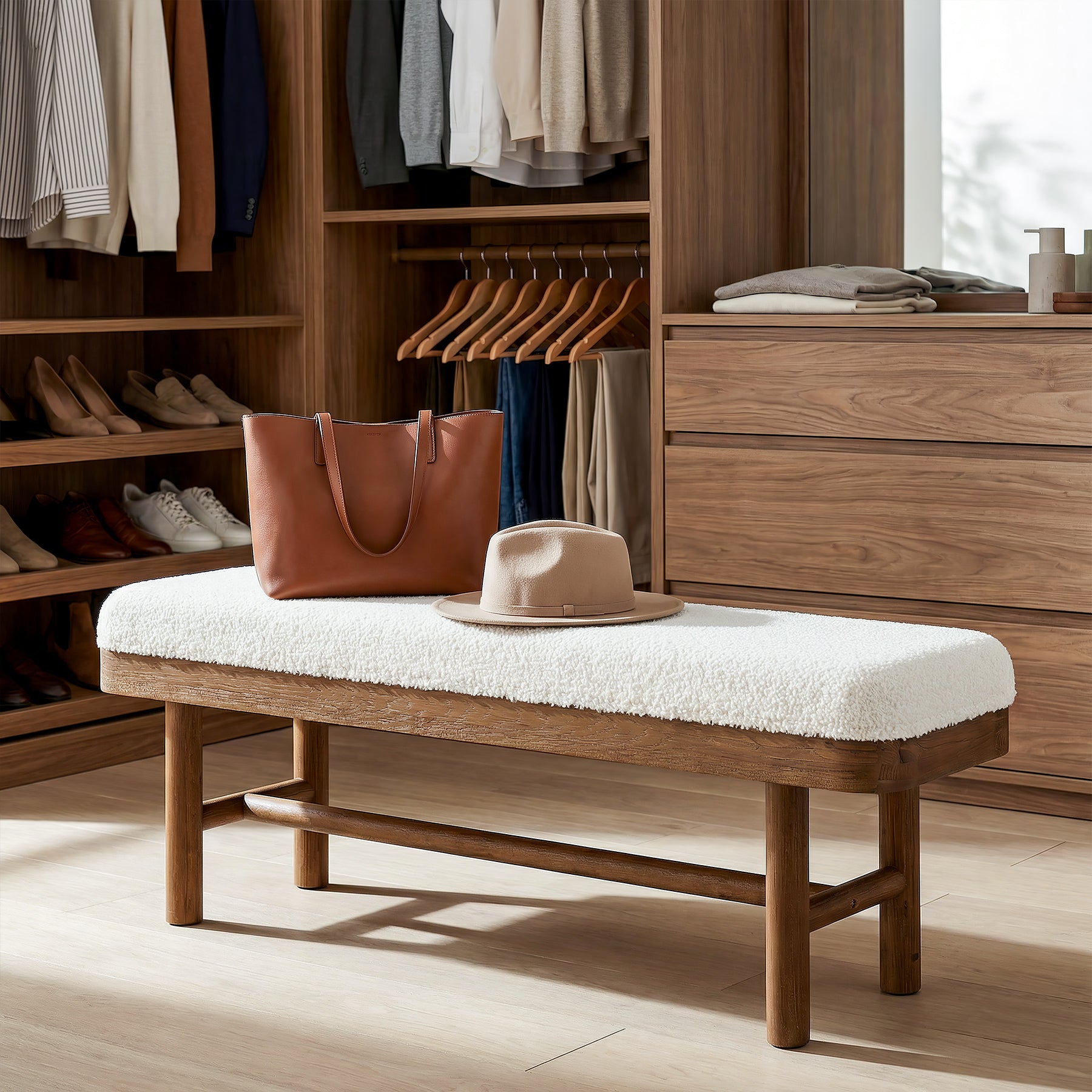 55" Upholstered Bedroom Bench, End of Bed Bench with Solid Wood Frame & Cushion