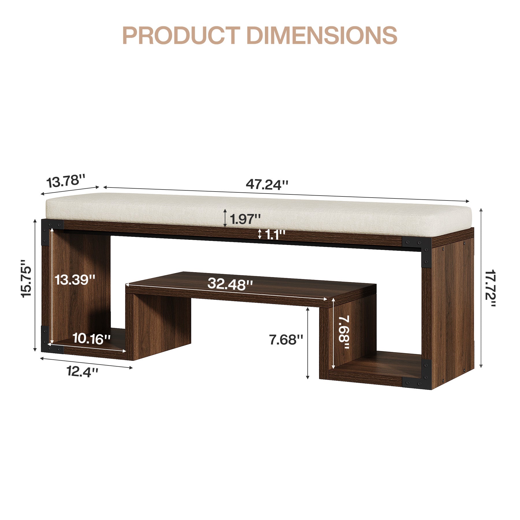 47" Shoe Bench, Entryway Bench with Cushion and Storage Shelf