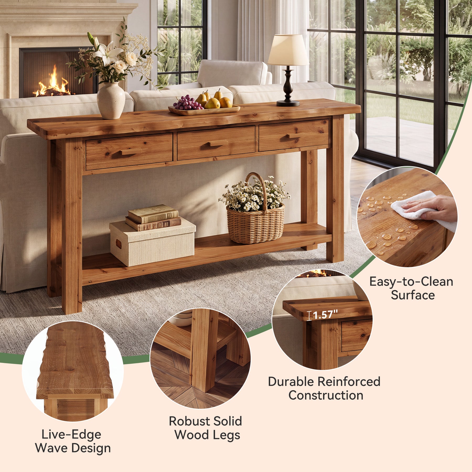 70.9" Solid Wood Console Table, Entryway Table with 3 Drawers For Living Room