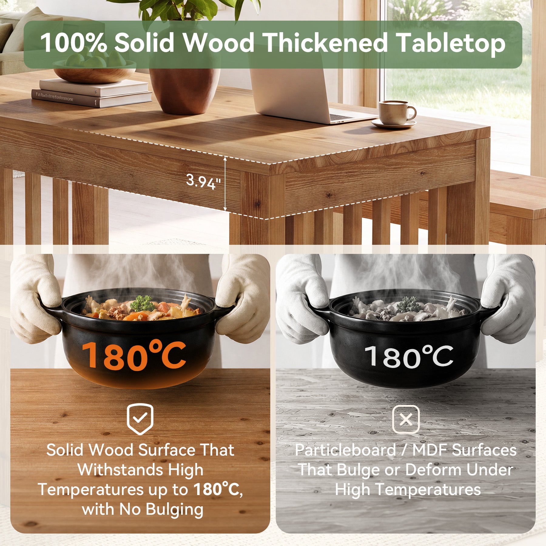 55" Rectangular Dining Table Set, Solid Wood Kitchen Table and Bench for 4 People