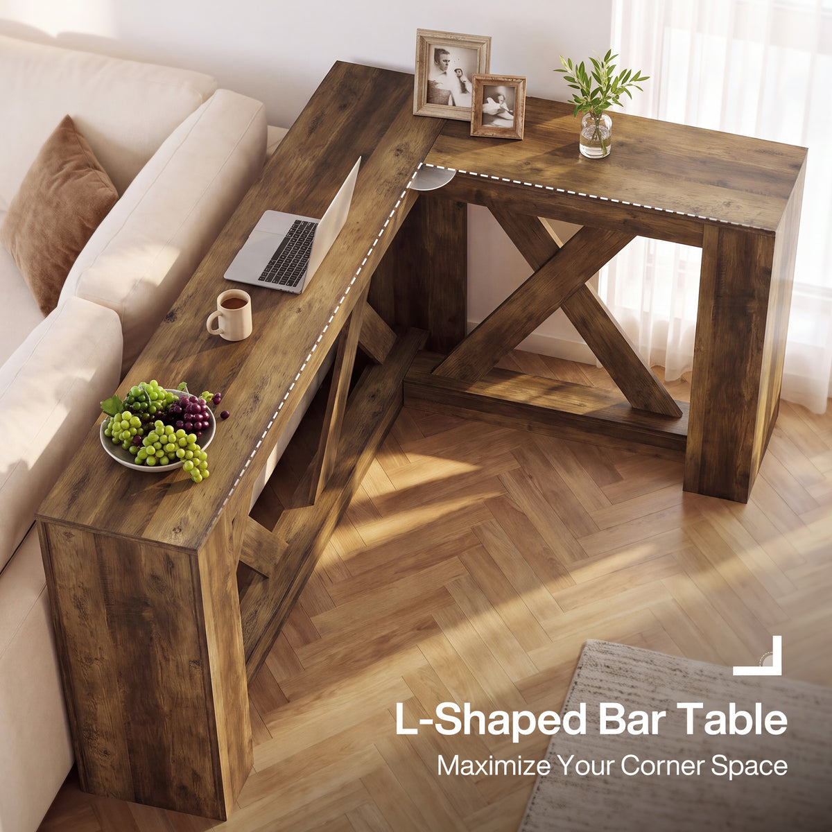 63" L-Shaped Bar Table, X-Cross Frame, Farmhouse Corner Pub Table