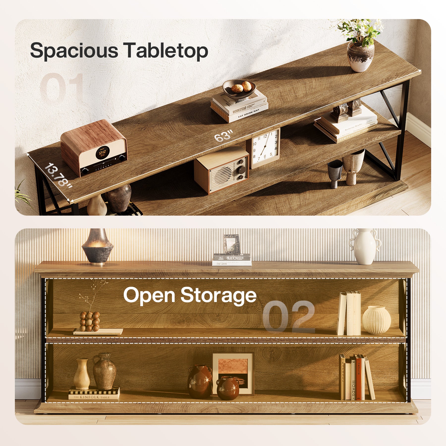 63" Industrial TV Stand for 55–75 Inch TVs, Wood & Metal Entertainment Center with 3-Tier Open Shelves