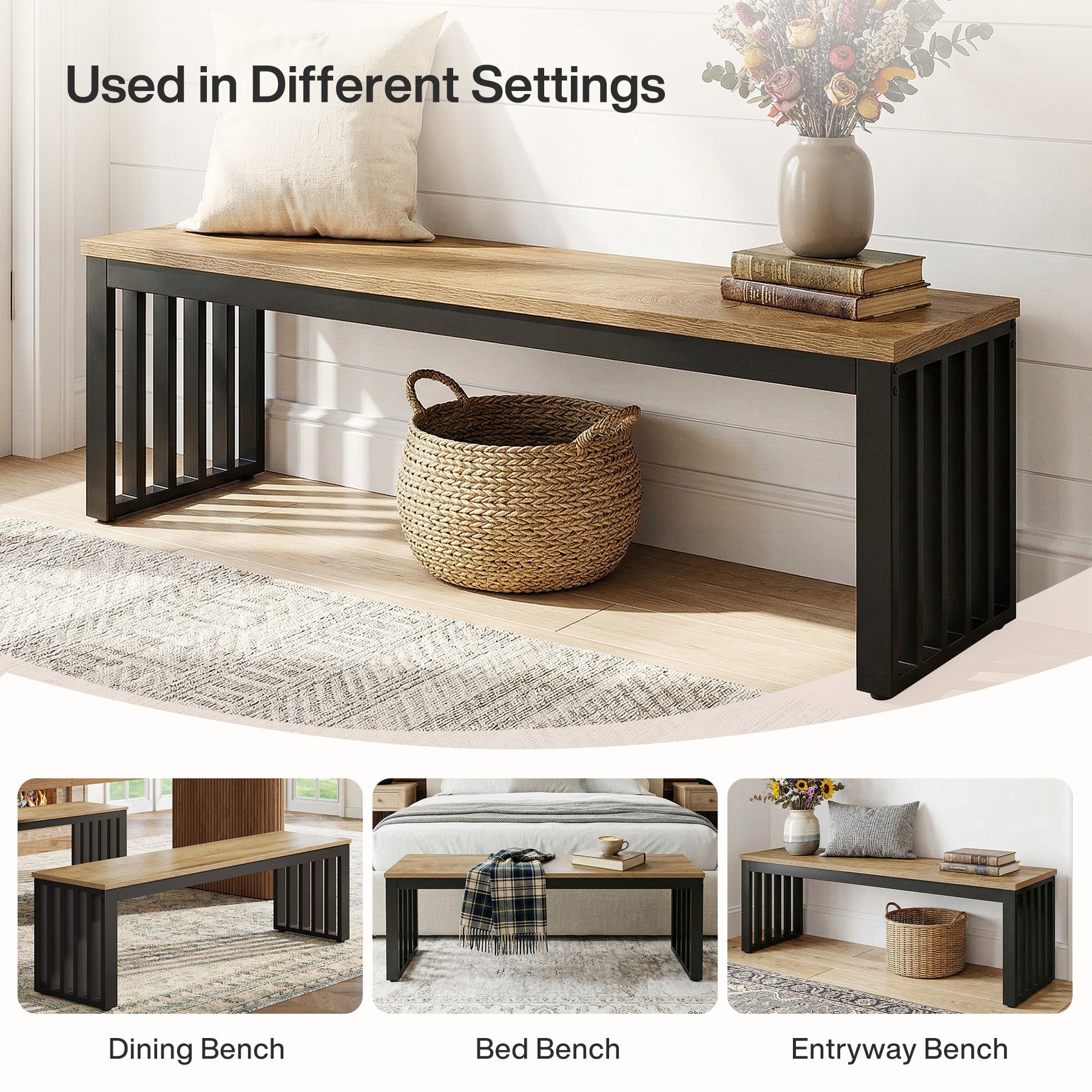 47.3" Entryway Bench, Wooden End of Bed Bench with Sturdy Metal Frame