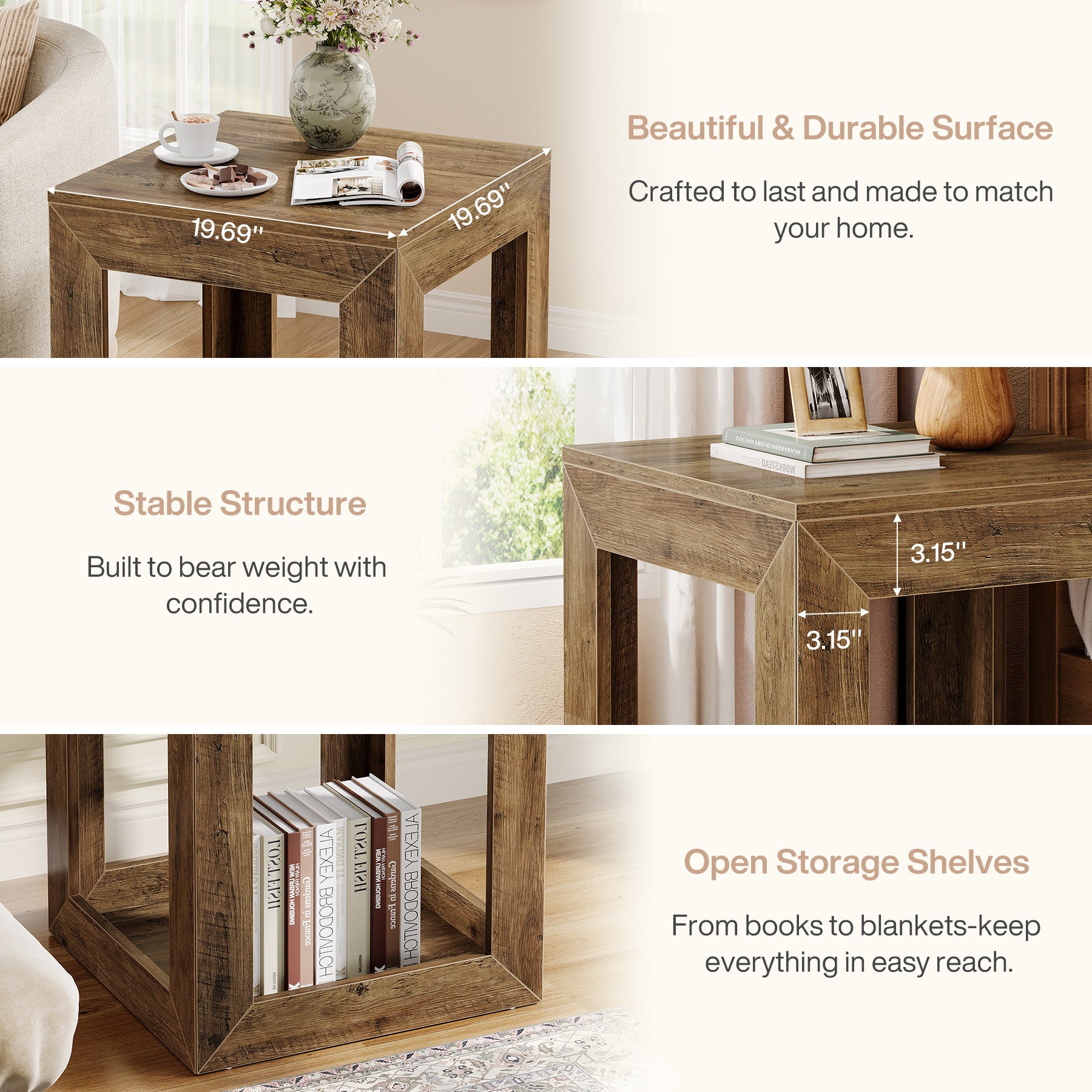 Square End Table, 9.7" Side Table Nightstand with 2-Tier Storage Shelf