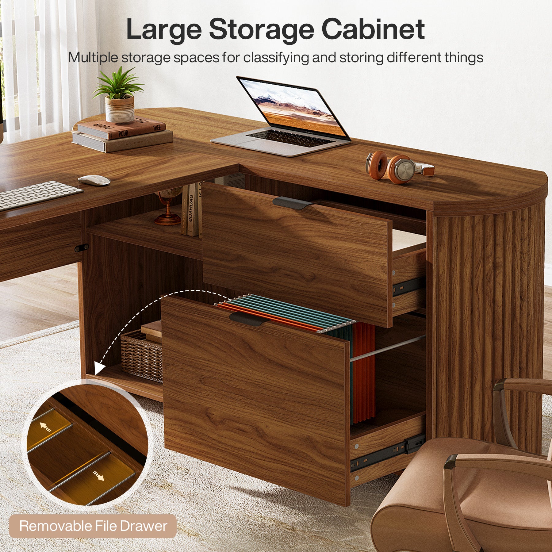 79" L-Shaped Executive Desk, Large Computer Desk with File Drawers