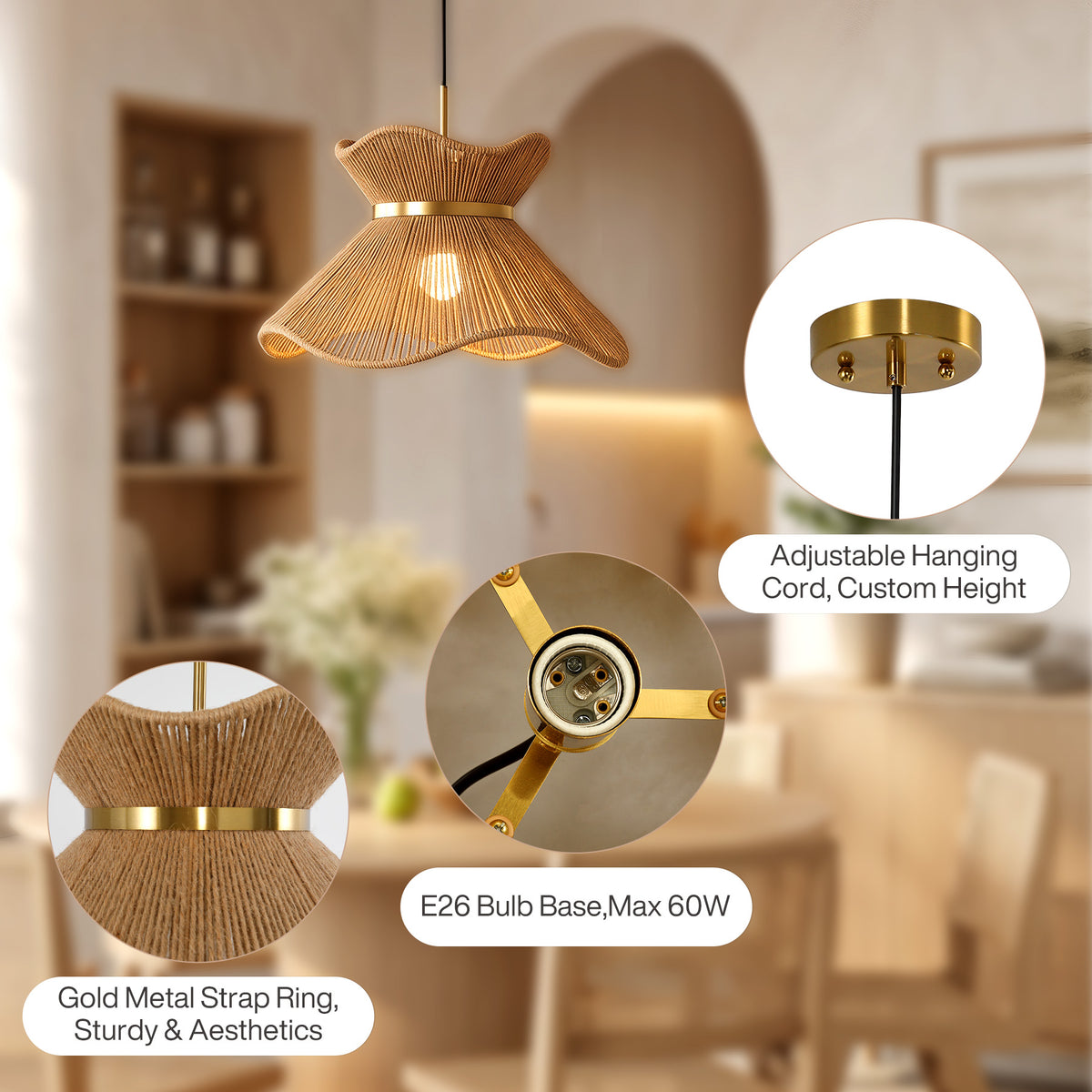 15.75" Farmhouse Rattan Pendant Light, Woven Boho Chandelier